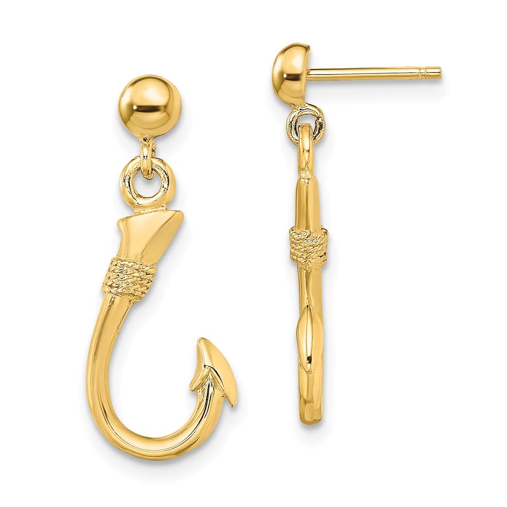 14K Yellow Gold 3D Fish Hook Dangle Earrings for Women - Elegant Handmade Jewelry Gift for Birthday, Anniversary & Special Occasions