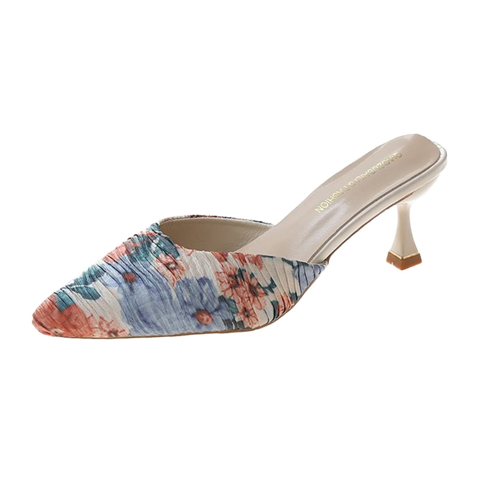Bamboo Store Women's Summer Floral Print Pointed Toe High Heels - Breathable Lightweight Stiletto Nude Short Heels for Party, Wedding & Office Wear