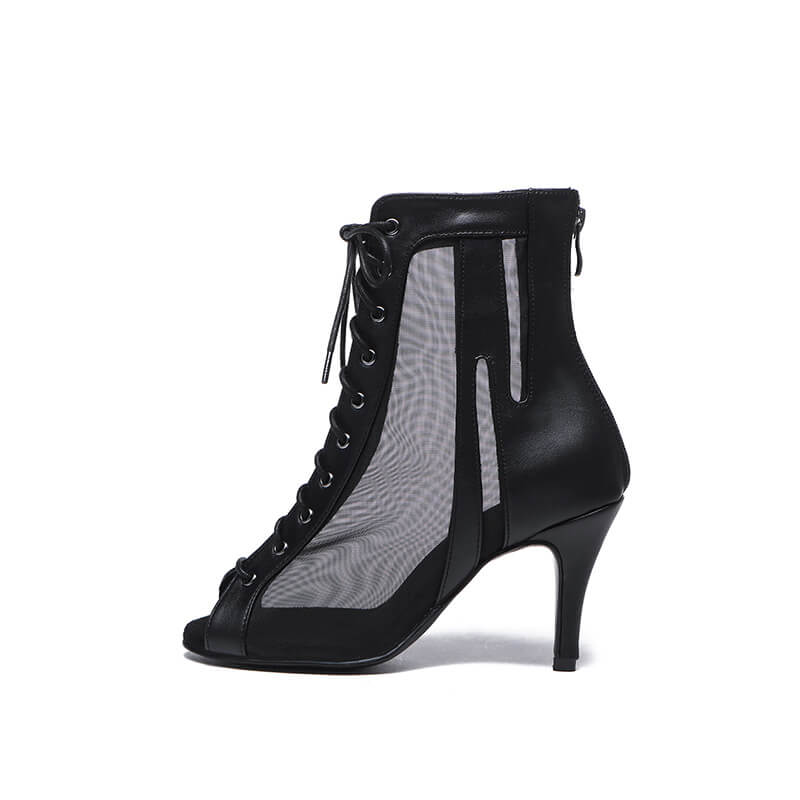Women's Black Lace Up Mesh Peep Toe Dance Boots - Comfortable & Stylish for Latin, Tango, Salsa Dancing & Performance