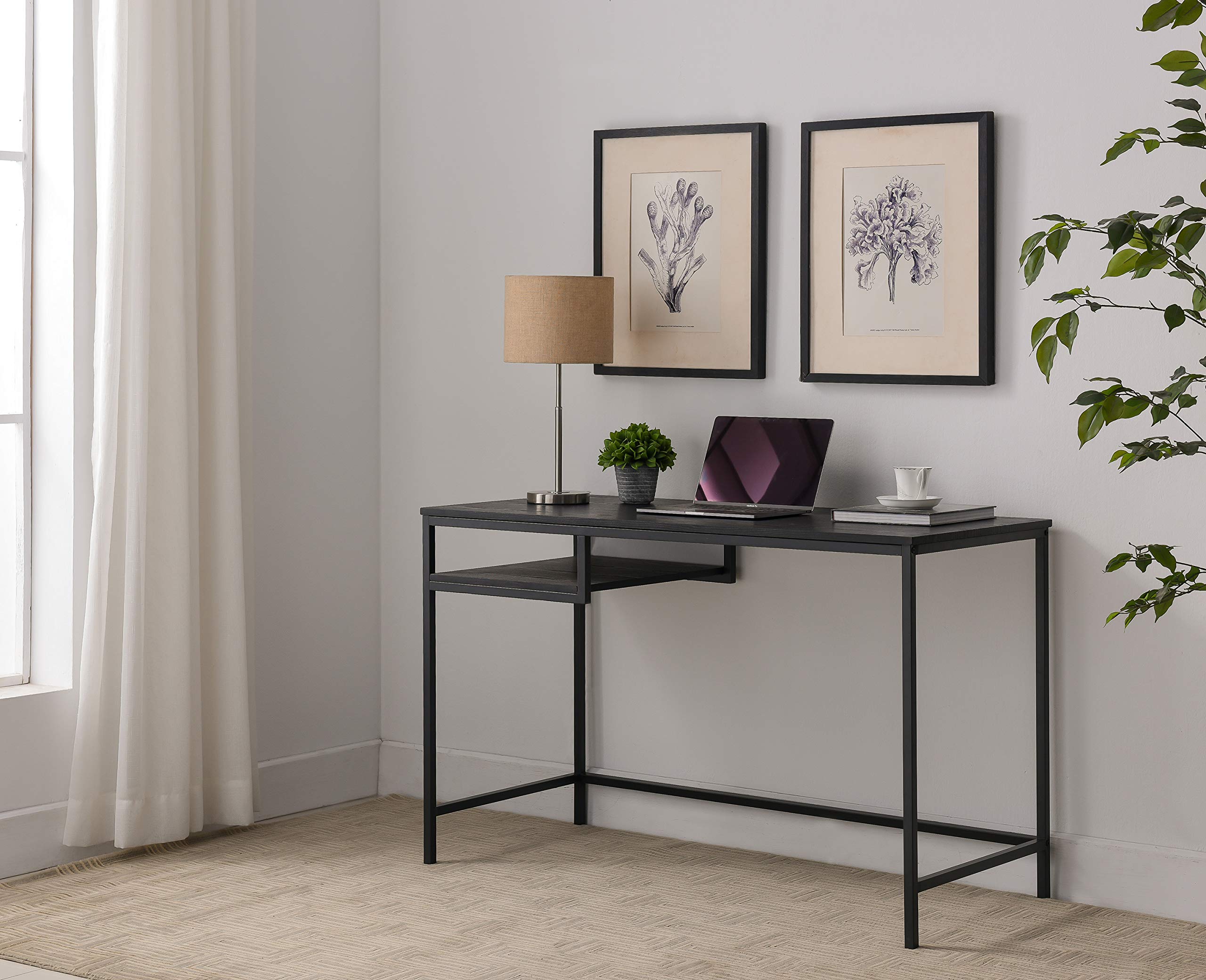 Kings Brand Julian Writing Desk - Black Metal & Wood Laptop Computer Desk for Home Office, Study & Small Spaces | Modern Workstation for Writing, Working & Studying