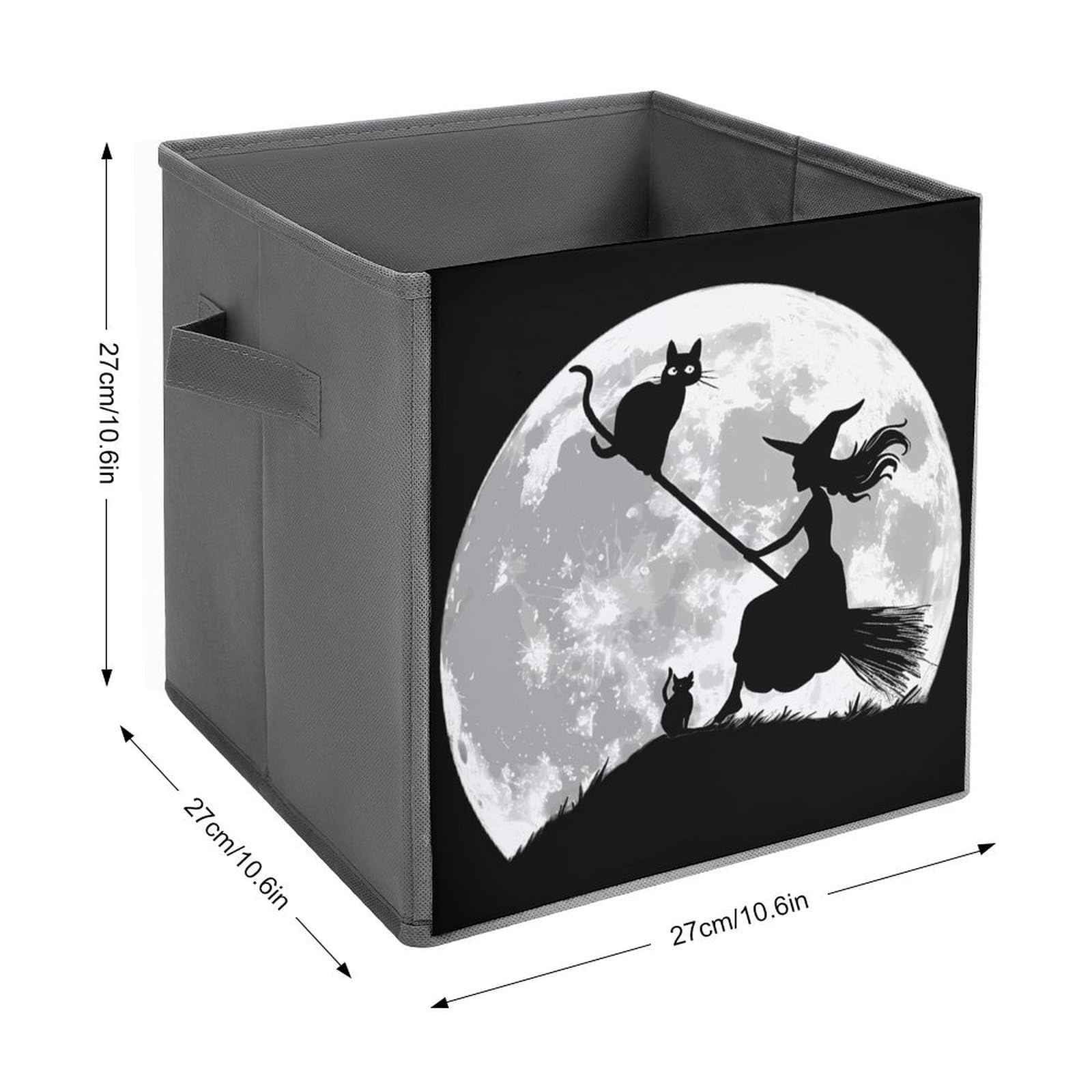 Flying Witch on Broomstick Halloween Storage Bins - 2-Pack Foldable Storage Cubes with Handles for Home Organization | Perfect for Closet, Bathroom & Toy Storage (Black Cat & Full Moon Design)