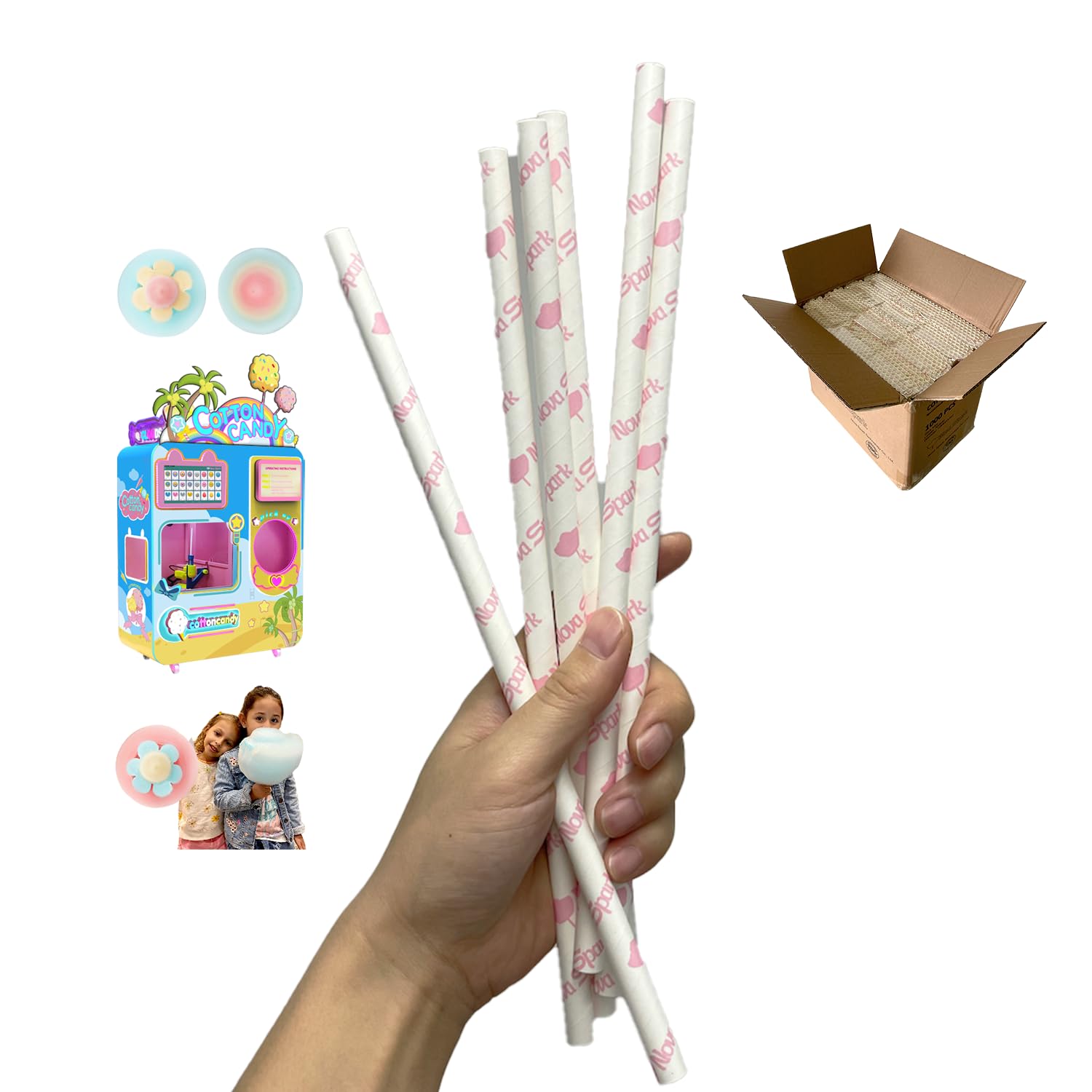 1000PCS Cotton Candy Cones for Nova Spark Automatic Cotton Candy Vending Machine - Bulk Pack of Premium Paper Candy Sticks for Carnival, Fair, Party & Event Concessions