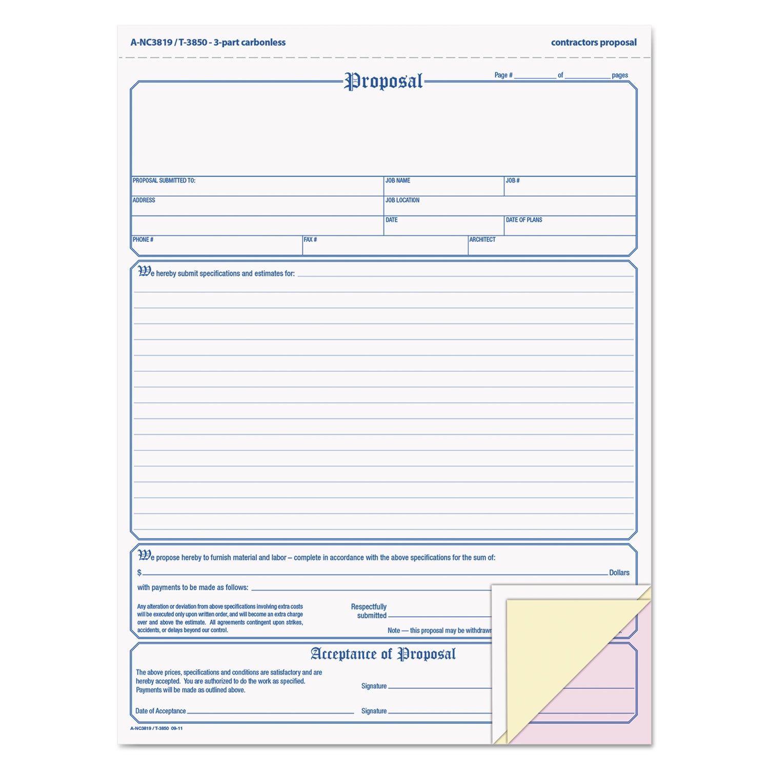 Adams® Contractor Proposal Form - 3-Part Carbonless, 8.5