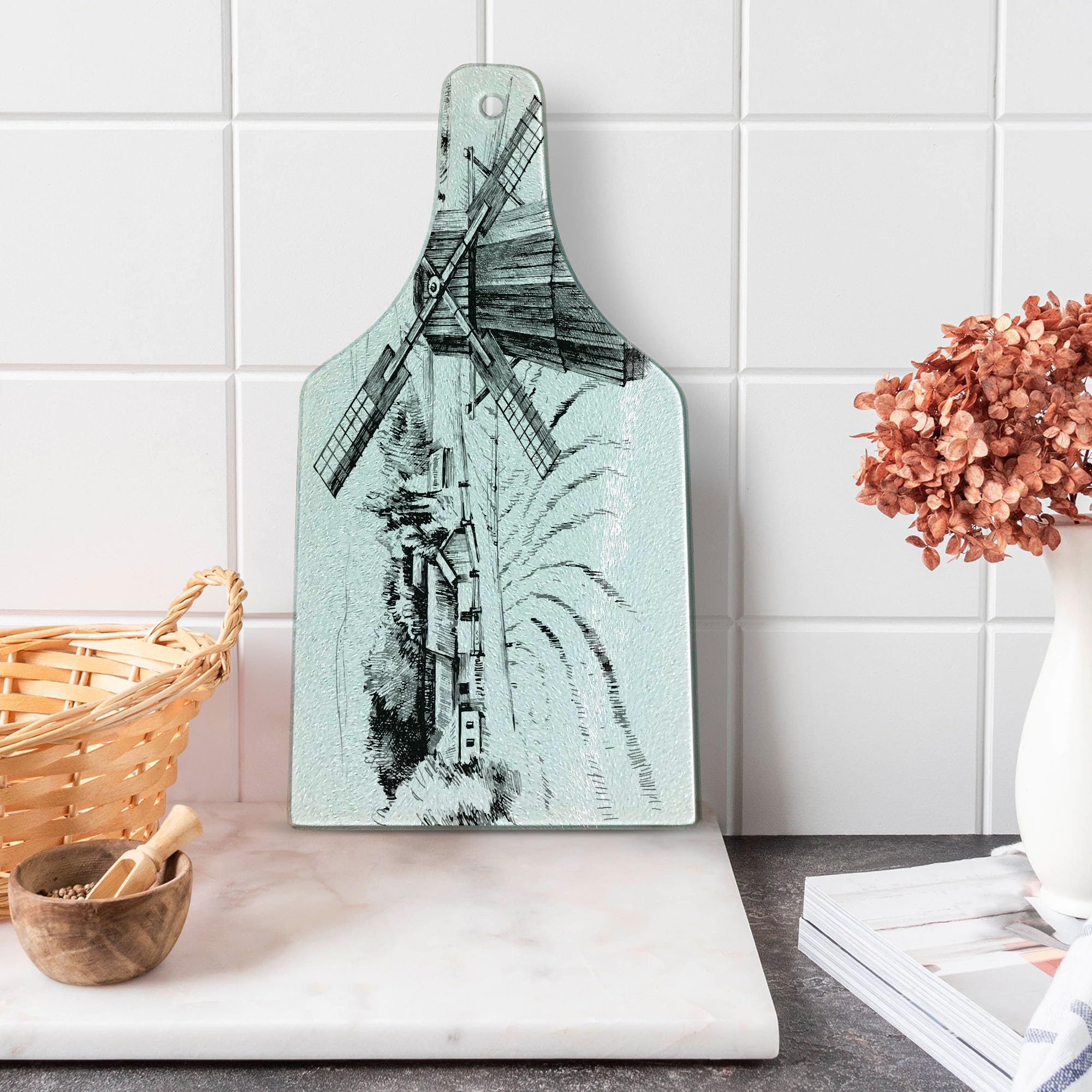 Ambesonne Landscape Cutting Board - Hand Drawn Rural Scenery with Small Town, Farm Houses, Forest and Mill - Romantic Sketch Design on Tempered Glass for Cutting & Serving - Wine Bottle Shaped Board in Black & White - Perfect for Kitchen Decor, Charcuterie Platters & Wine Pairing Parties