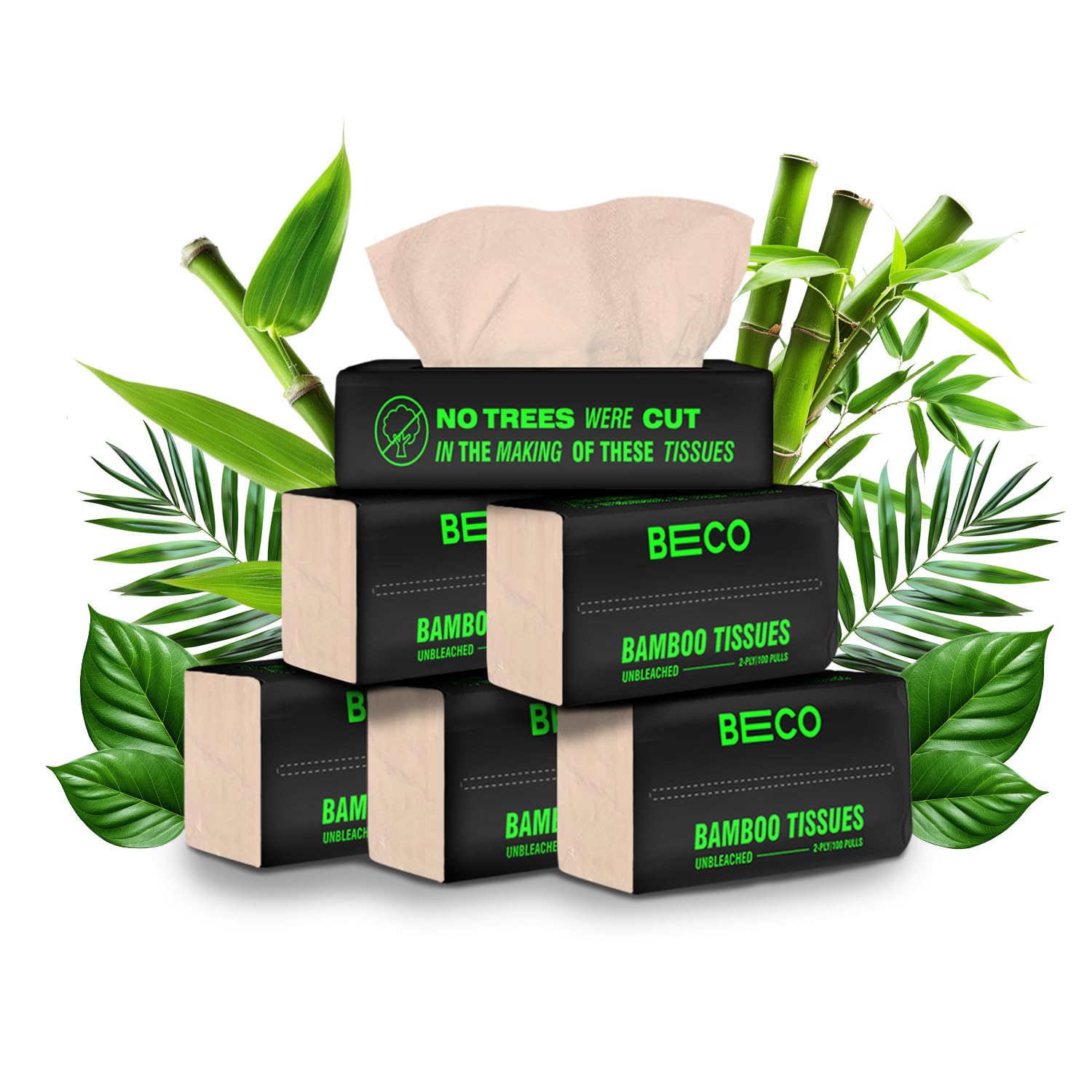 Beco Bamboo Soft Facial Tissue Box - 6 Packs (600 Pulls Total) | 2-Ply 100% Natural & Eco-Friendly Bamboo Tissues | Gentle for Nose & Skin | Perfect for Home, Office & Travel Use
