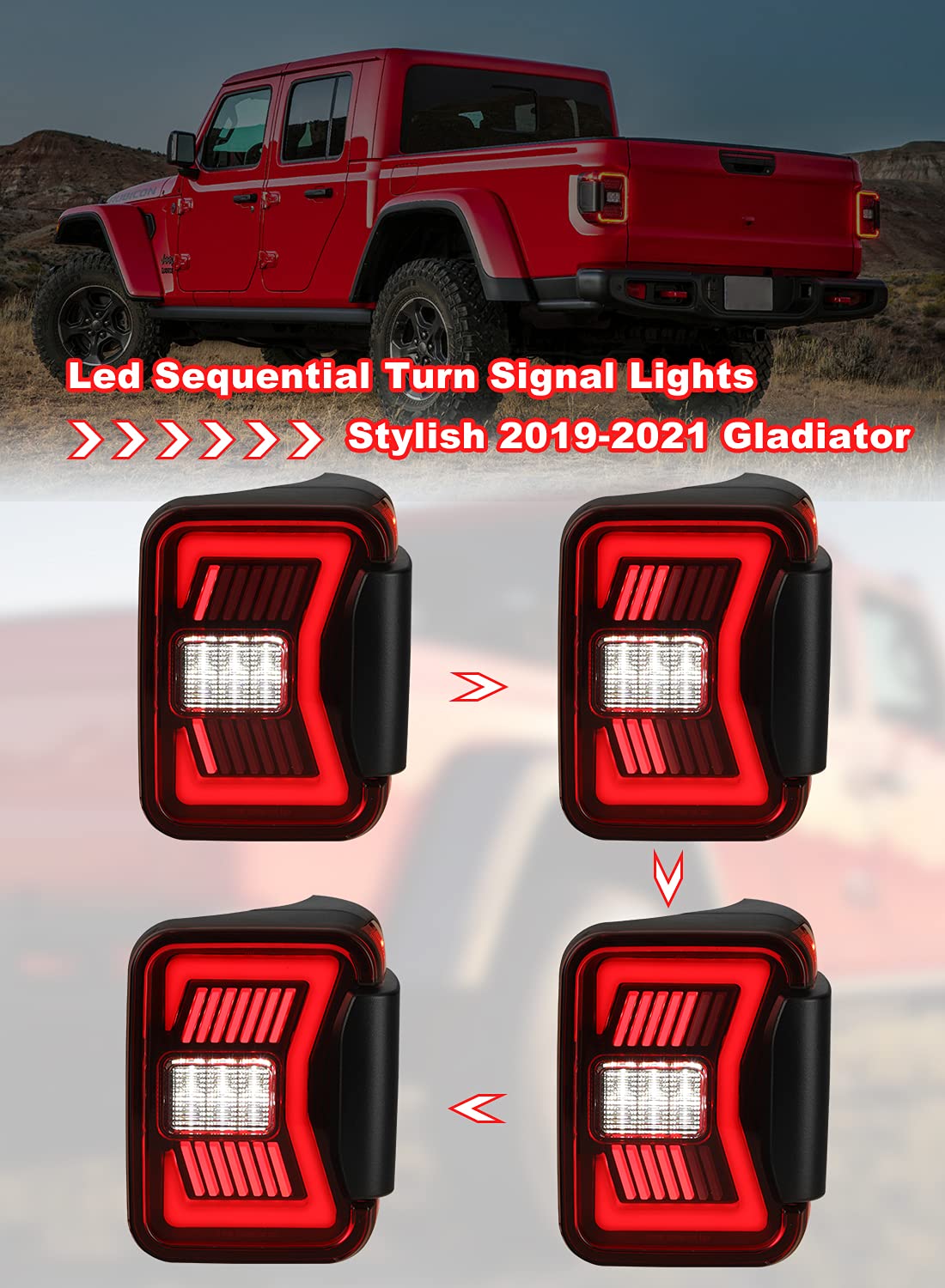 Nixon Offroad LED Tail Lights for 2019-2025 Jeep Gladiator JT - Full LED Sequential Taillights Assembly Pair with DRL, Turn Signals, Brake & Reverse Lights (Red Lens) - Upgrade for Off-Roading, Night Driving & Enhanced Visibility