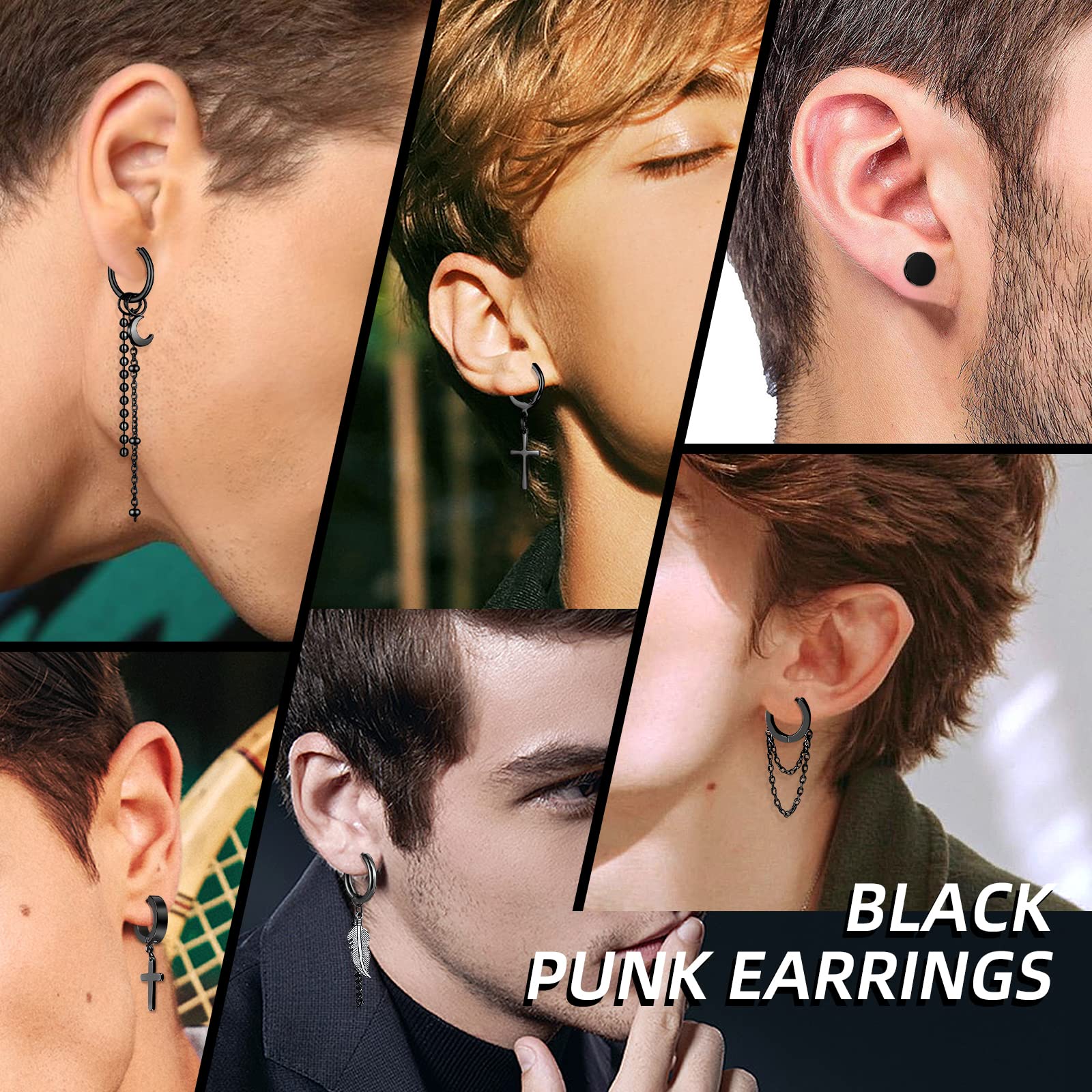 FIFATA 20-Piece Men's Earring Set - Black Stainless Steel Chain Hoop, Cross, Moon & Star Dangle Earrings for Men & Women | Hypoallergenic Body Jewelry for Everyday Wear, Parties & Gifts