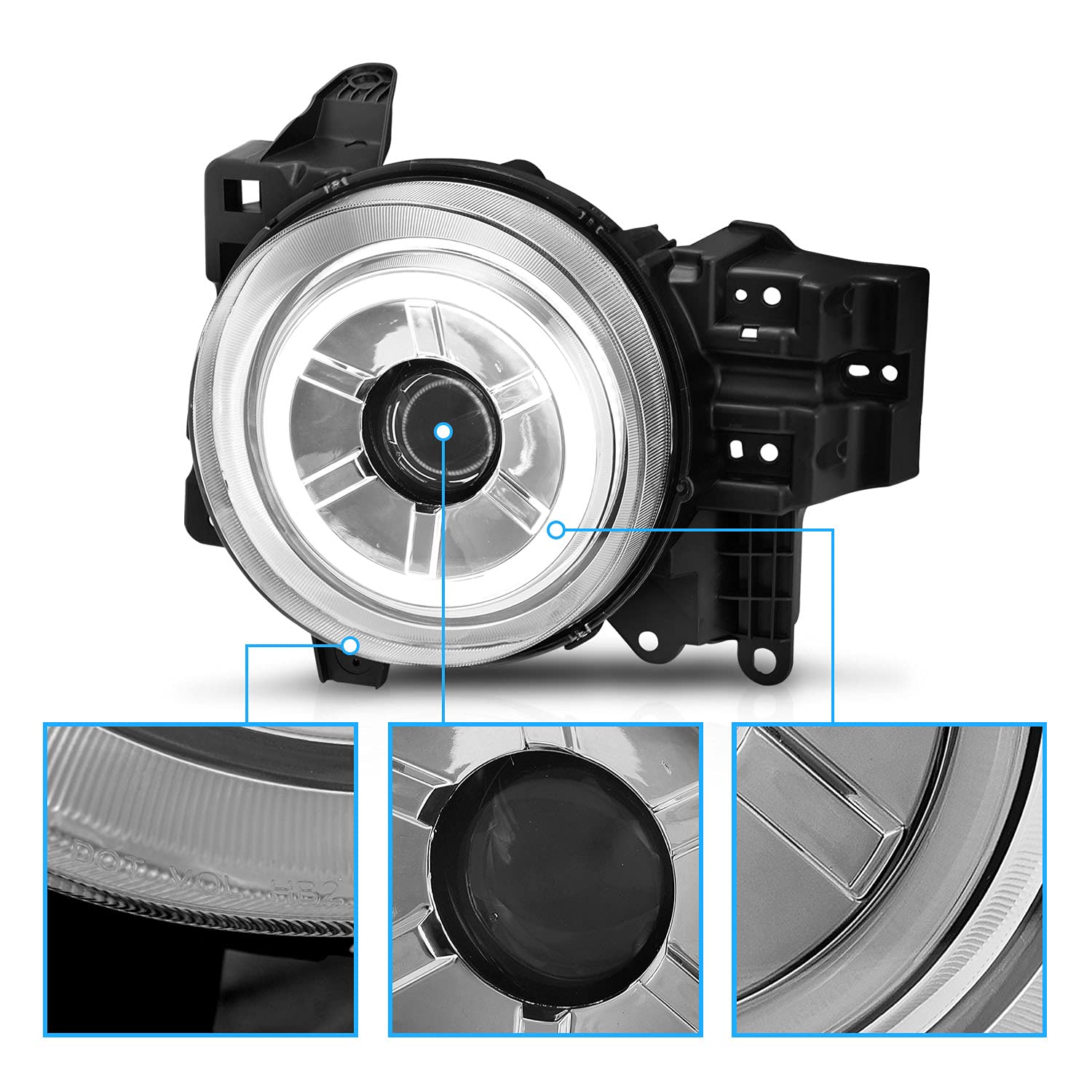 High-Performance AmeriLite Chrome LED Projector Headlights with Halo for Toyota FJ Cruiser - Driver & Passenger Side | Durable Replacement for Night Driving & Off-Road Adventures