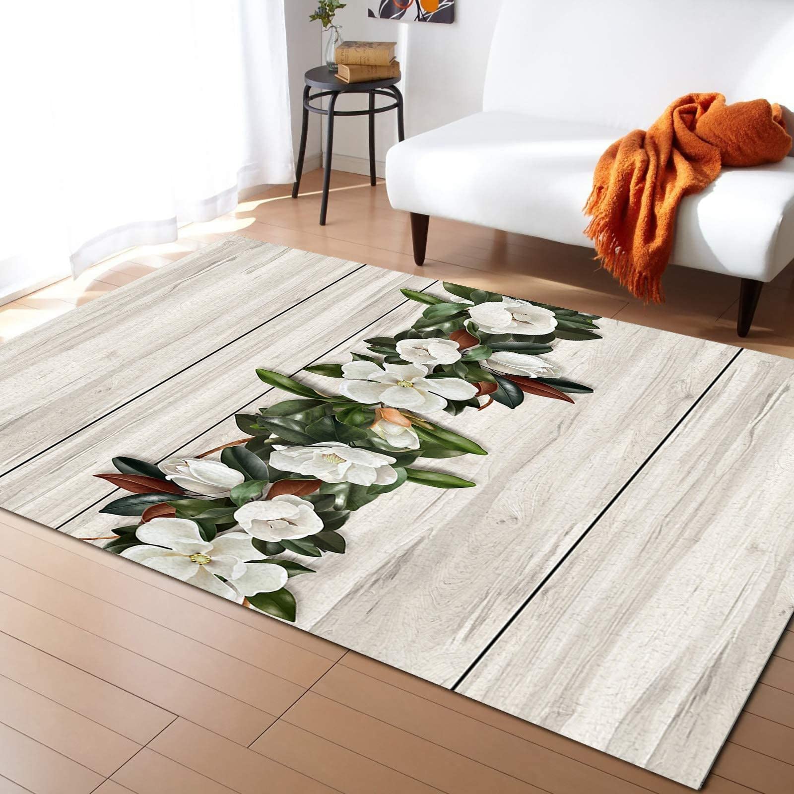 White Magnolia Flower Leaves Area Rug 6'x8' - Soft Washable Floral Carpet with Non-Slip Backing for Living Room, Bedroom & Home Decor | Indoor Wood Grain Design Floor Mat for Cozy Spaces