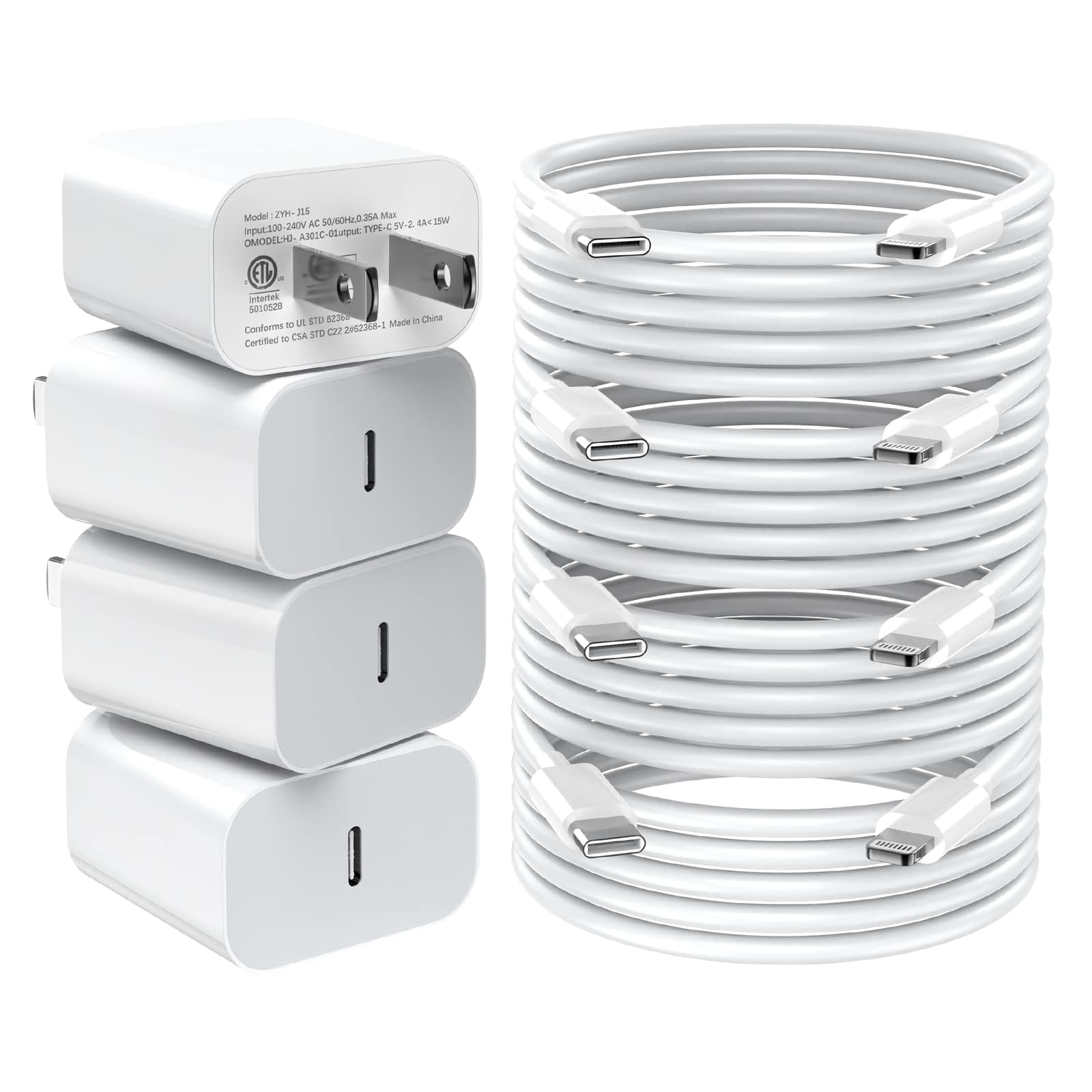 20W PD Fast Charger 4-Pack with 6FT USB-C Cable - Compatible with iPhone 14/13/12/11/XS & iPad - Quick Charging for Home, Office & Travel