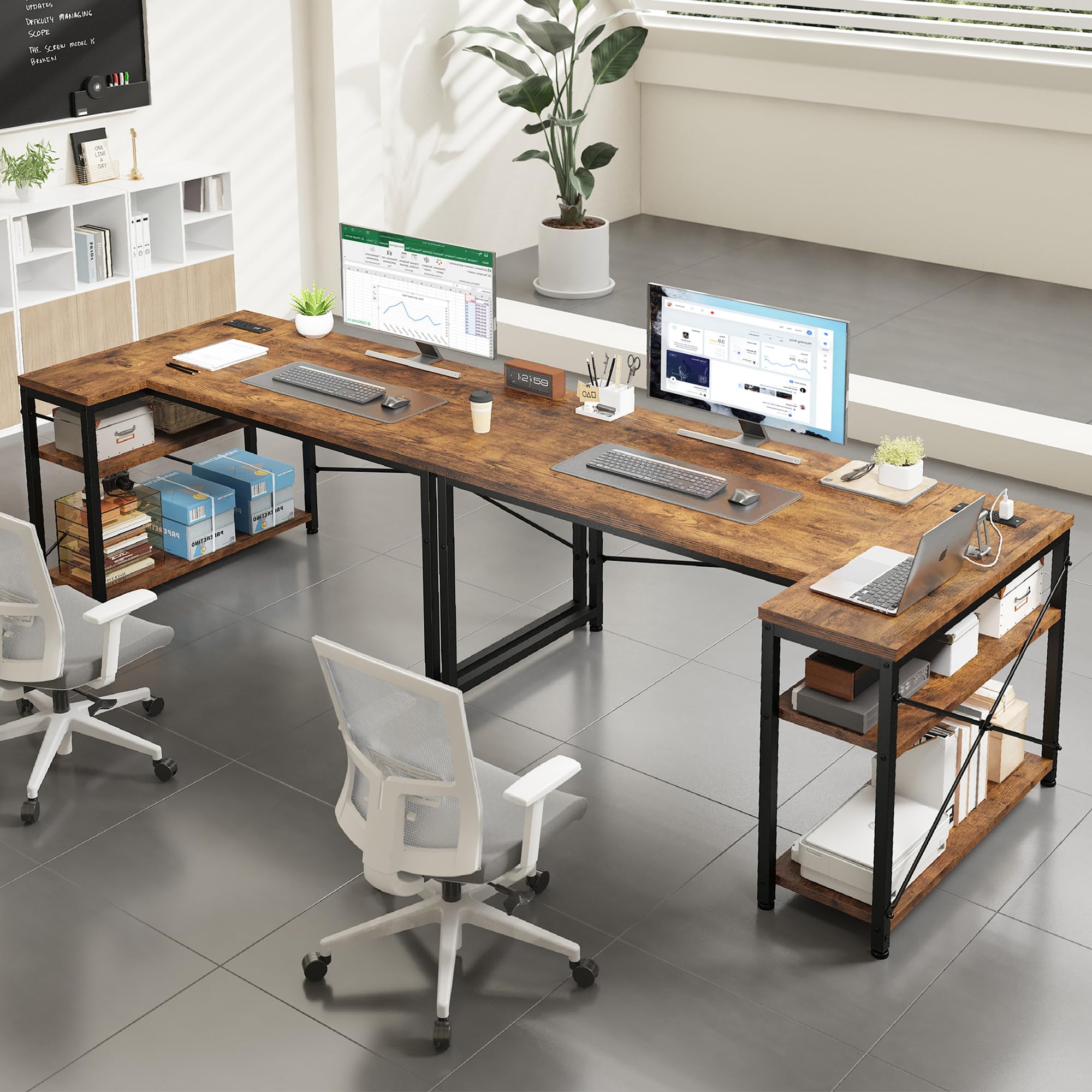 48 Inch L-Shaped Gaming Desk with Storage Shelves, Power Outlets & Side Bag - Reversible Computer Desk with X-Shaped Support for Home Office, Bedroom, Study - Rustic Brown Wooden Workstation for PC Gaming, Remote Work & Online Study