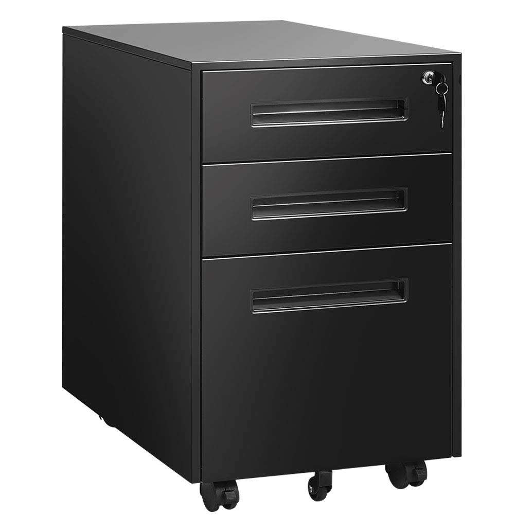 INVIE 3-Drawer Locking File Cabinet - Black Metal Vertical Under Desk Storage for Legal/Letter Size Documents - Anti-Tilt Office Rolling File Organizer - Perfect for Home Office, School, or Business Workspaces