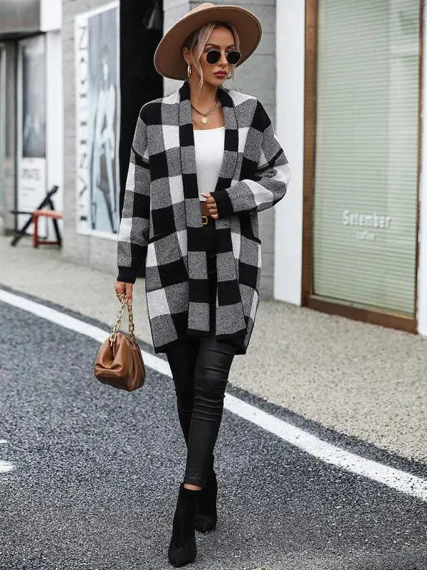 Stylish Loose Plaid Color Block Knit Cardigan Sweater for Women - Cozy Fall & Winter Fashion - Perfect for Office, Dating and Casual Outings