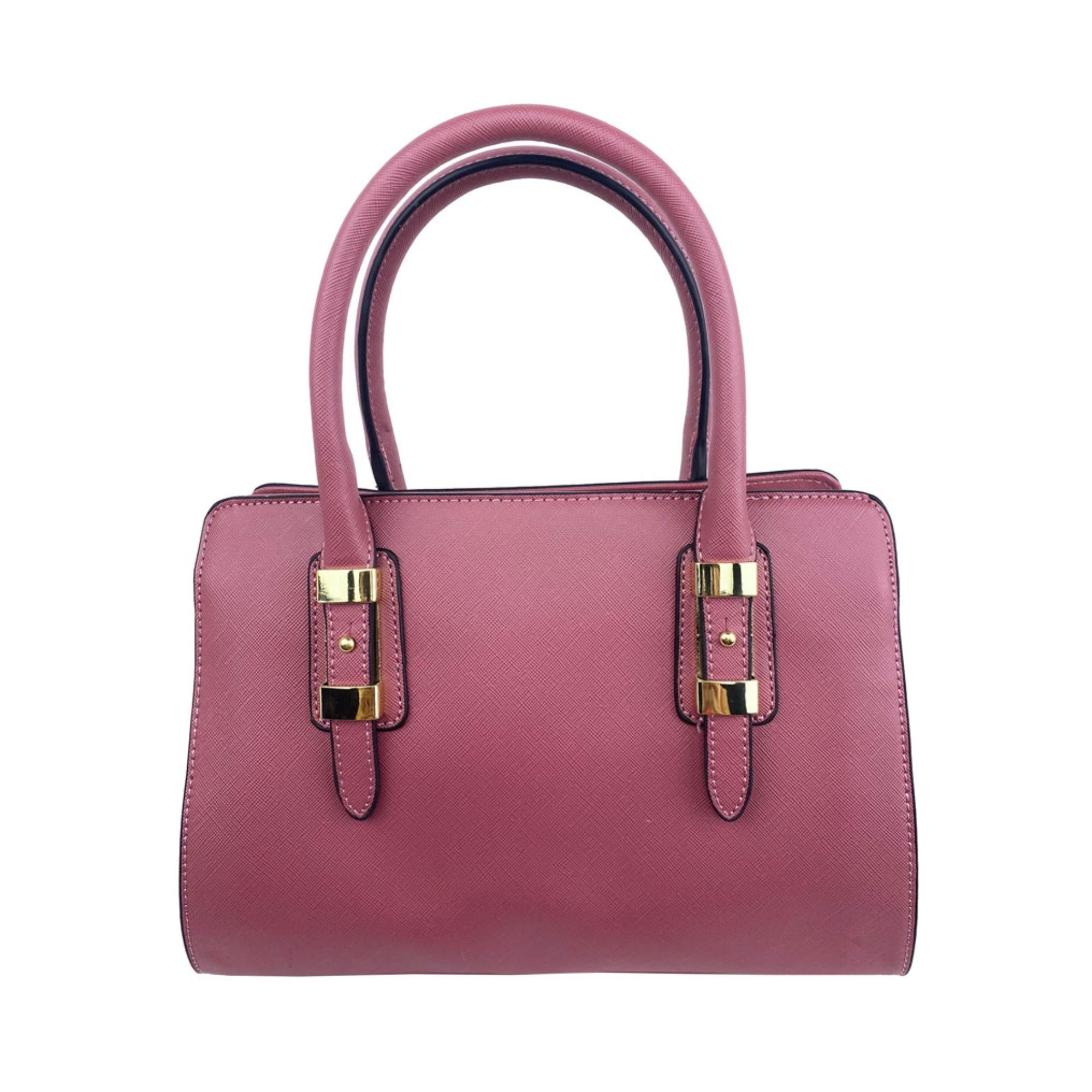Mel&Co Saffiano Effect Leather Satchel Handbag with Metal Buckle Detail - Rose Pink Women's Shoulder Bag for Work, Travel & Everyday Use