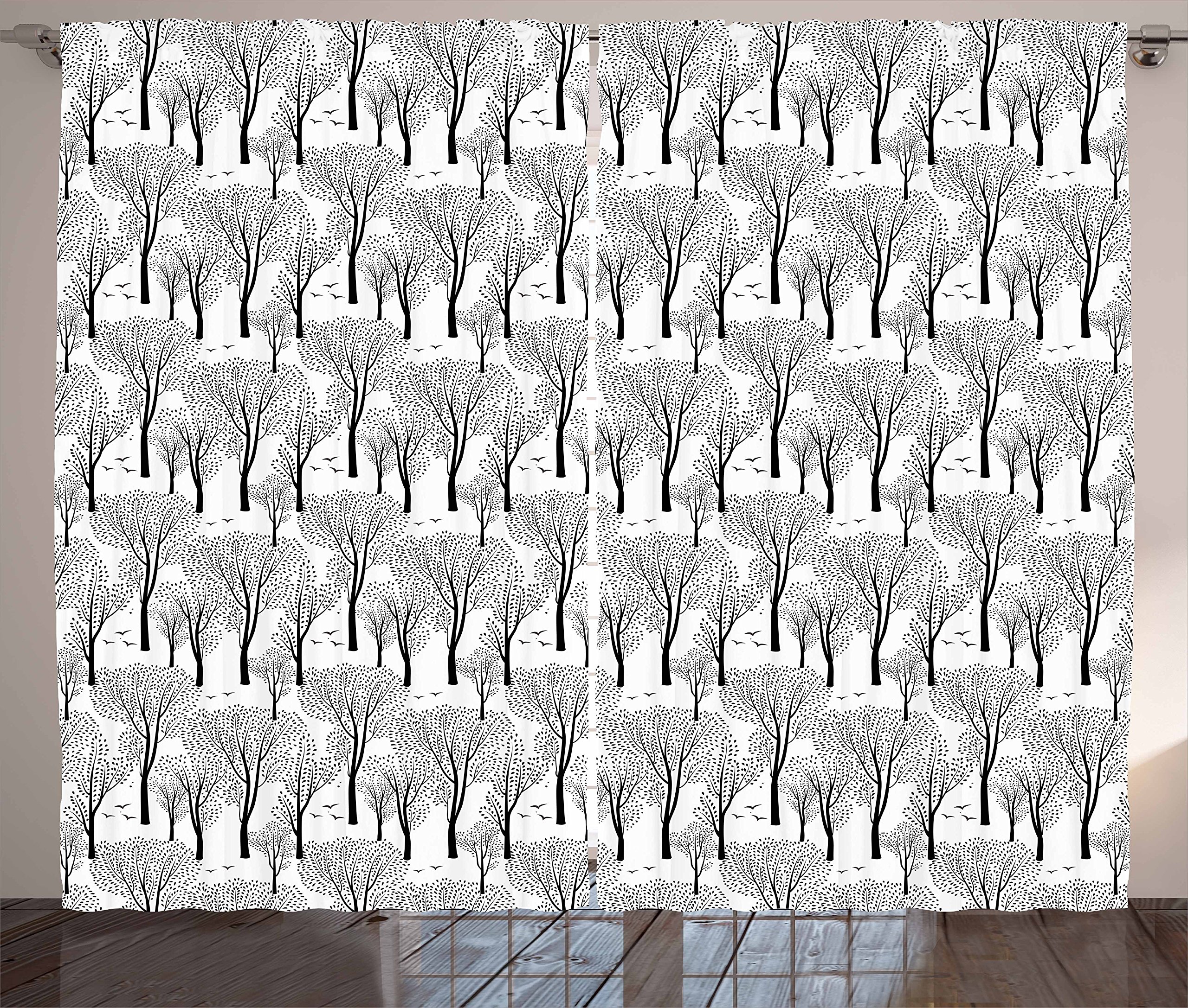 Ambesonne Black and White Winter Curtains - Monochrome Abstract Forest Design with Trees, Leaves, Birds, and Wildlife - 2 Panel Set for Living Room & Bedroom (108