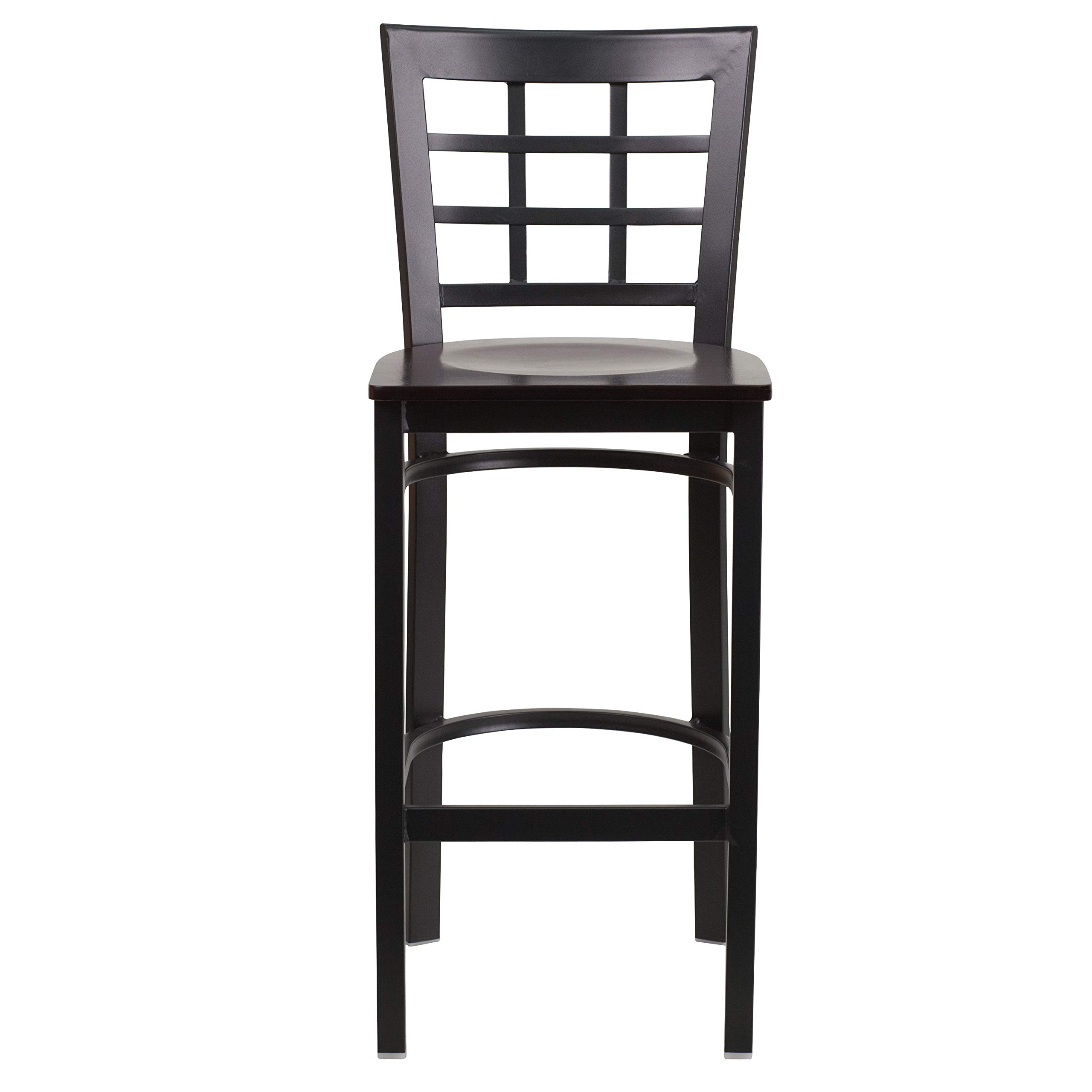 2 Pack Black Metal Bar Stools with Walnut Wood Seat - Heavy Duty Restaurant & Kitchen Counter Stools for Home, Cafe, and Bar Use