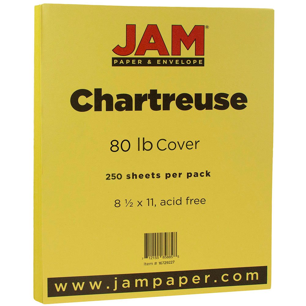 Premium JAM PAPER Matte 80lb Cardstock - 8.5 x 11 Inch Heavy Cover Paper - 216 GSM Thick Card Stock - Vibrant Chartreuse Color - 250 Sheets per Ream - Perfect for Scrapbooking, Invitations, Business Cards & DIY Craft Projects