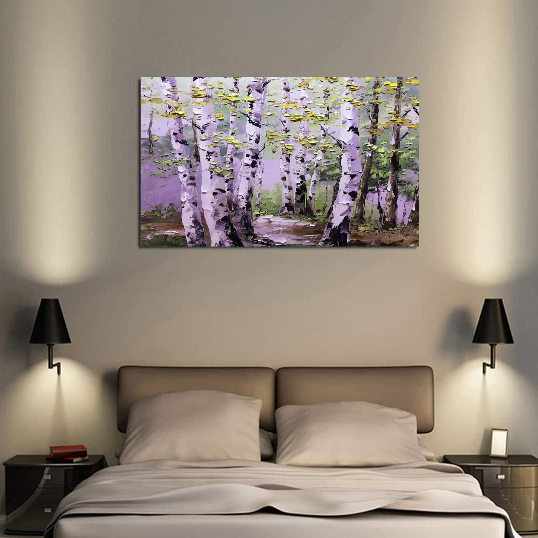 Original Hand-Painted Green Birch Forest Landscape Oil Painting on Canvas - Large Textured Tree Artwork (64x32 Inches Unframed) - Perfect for Boho Home Decor, Christmas Wall Art & Nature-Inspired Living Room Decor