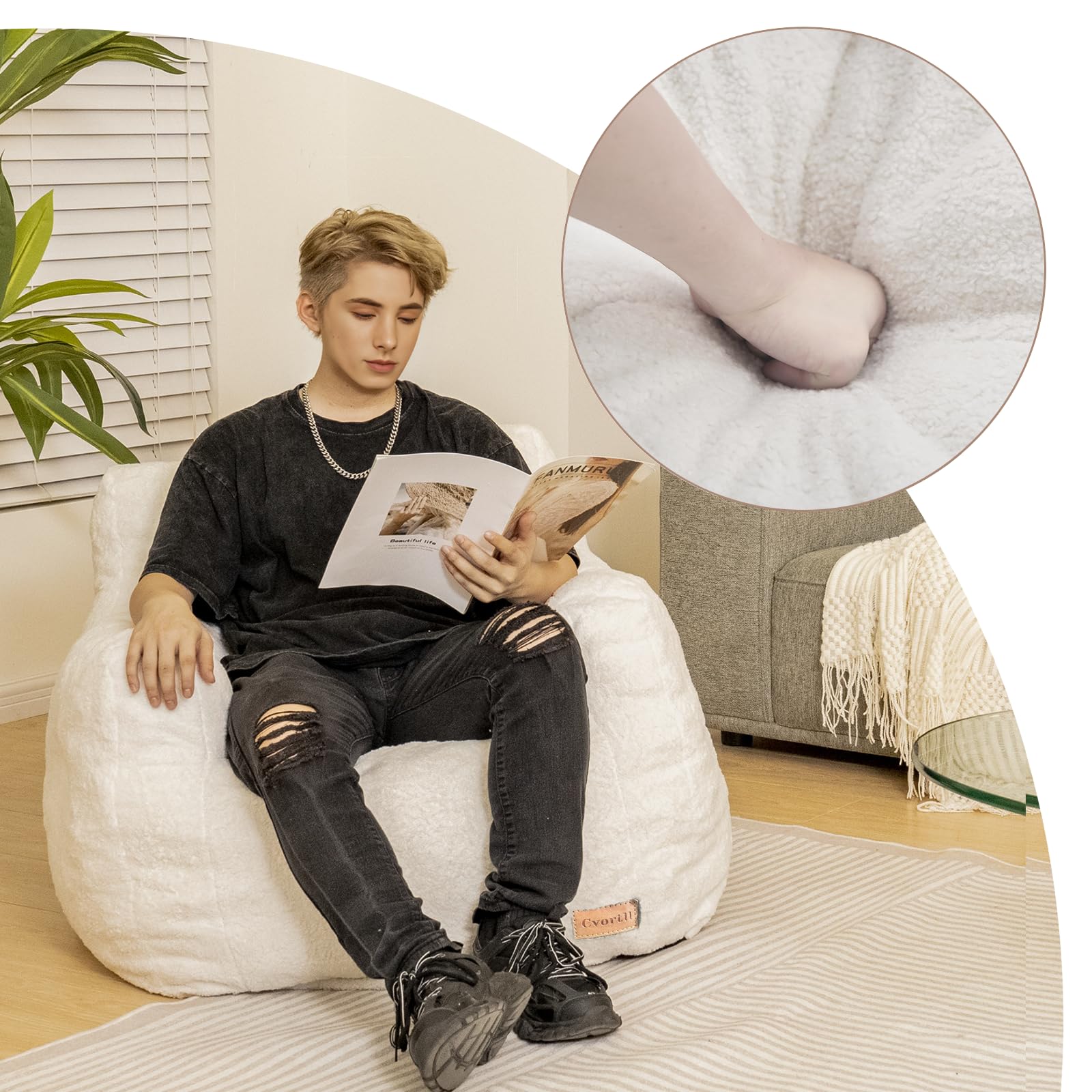 Premium Memory Foam Bean Bag Chair with Soft Tufted Filling - Ultra Comfortable Fluffy Lounge Sofa for Dorm, Apartment & Living Room - Perfect for Relaxing, Gaming & Movie Nights (White)