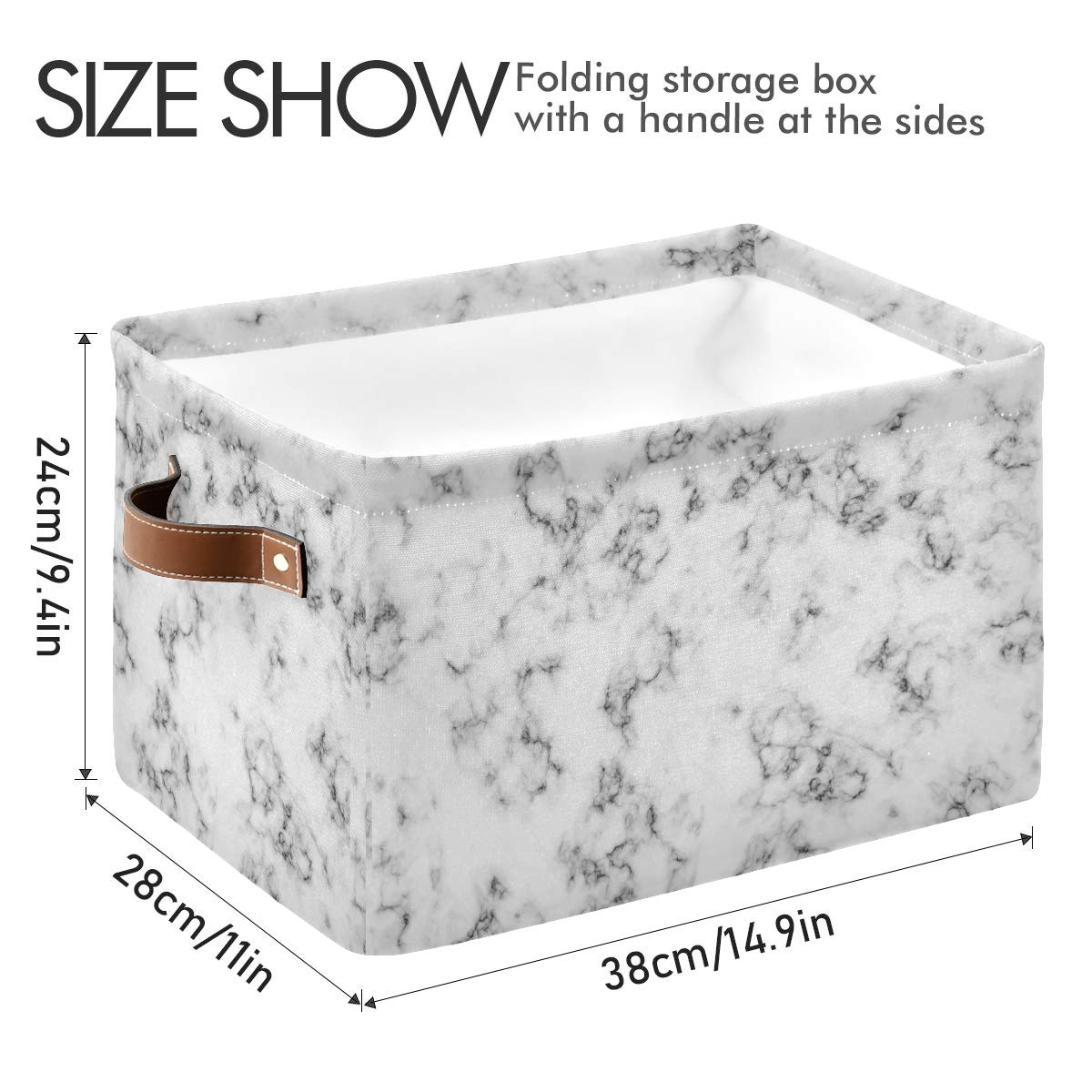 Collapsible White Marble & Black Texture Fabric Storage Basket with PU Leather Handles - Organizer Bin for Toys, Wardrobe, Closet Shelves - Perfect for Nursery, Playroom & Home Organization