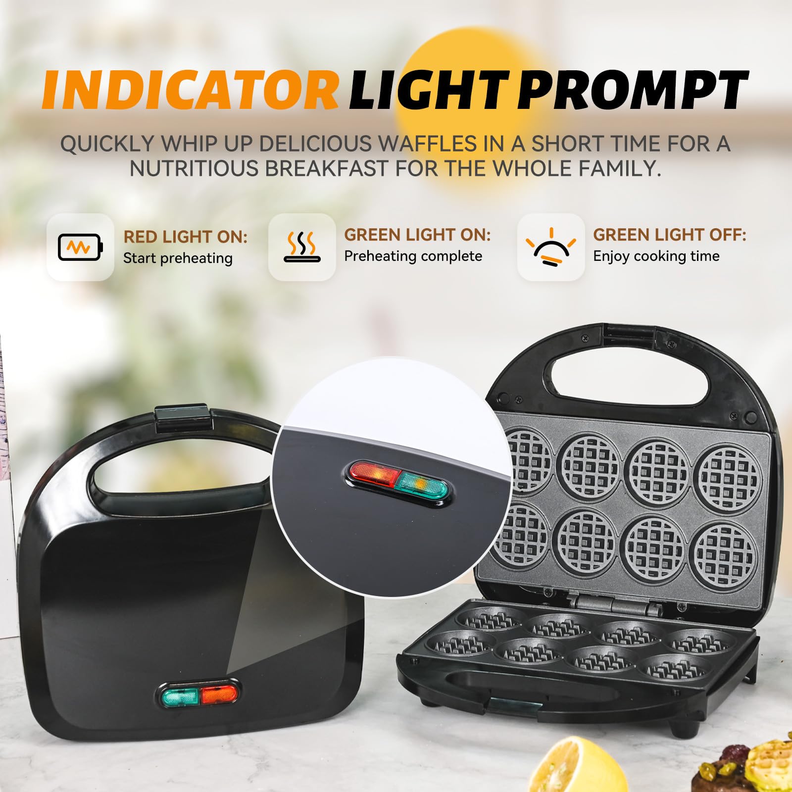 Non-Stick Mini Waffle Maker Machine - Fast Heating, Makes 8 Perfect Waffles - Ideal for Kids Breakfast, Snacks & Desserts - Great for Family Meals, Parties & Quick Breakfast Solutions