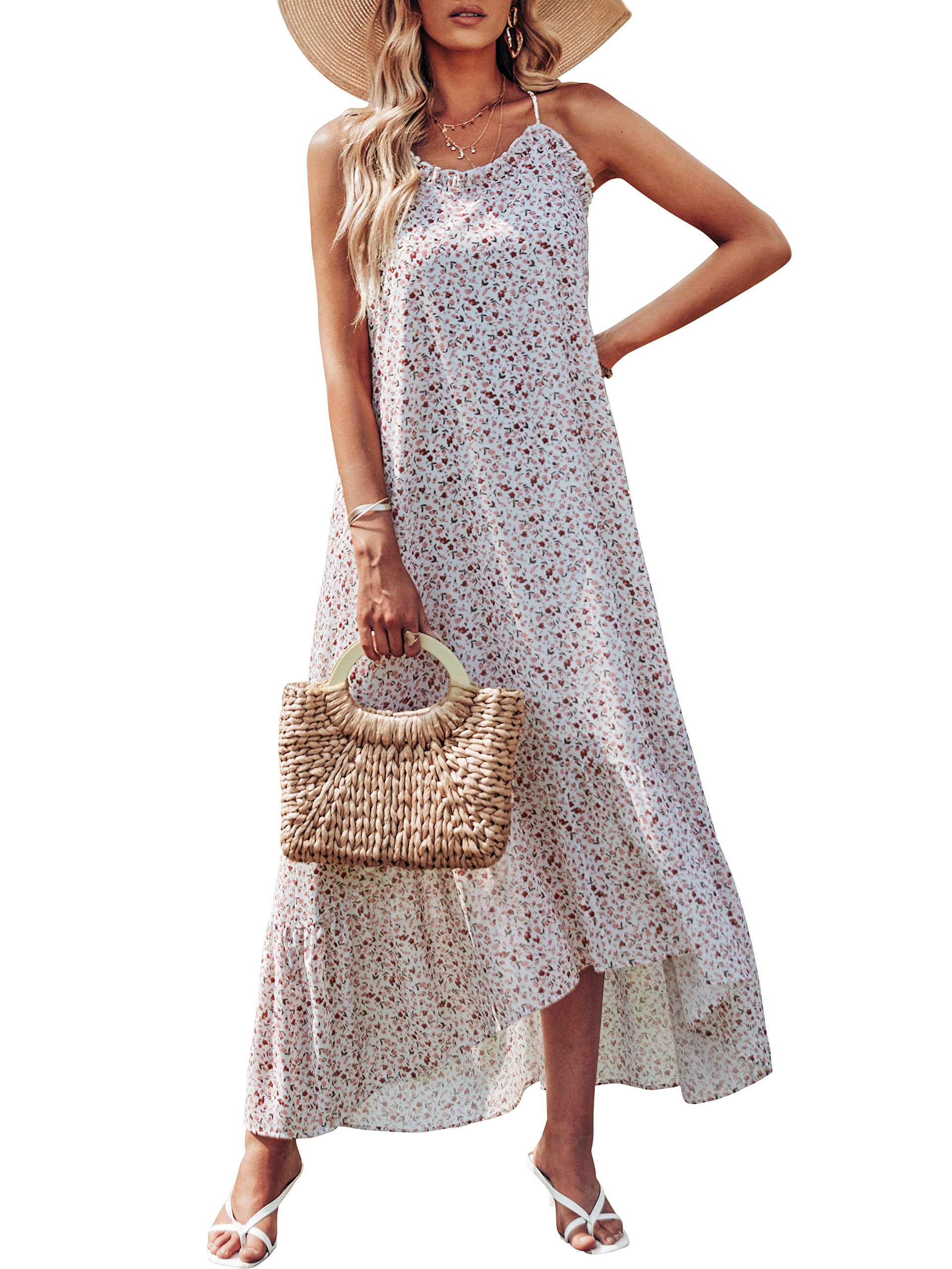 LOGENE Women's Floral Print Boho Maxi Dress - Loose Casual Long Sundress for Summer Beach, Vacation, and Outdoor Parties