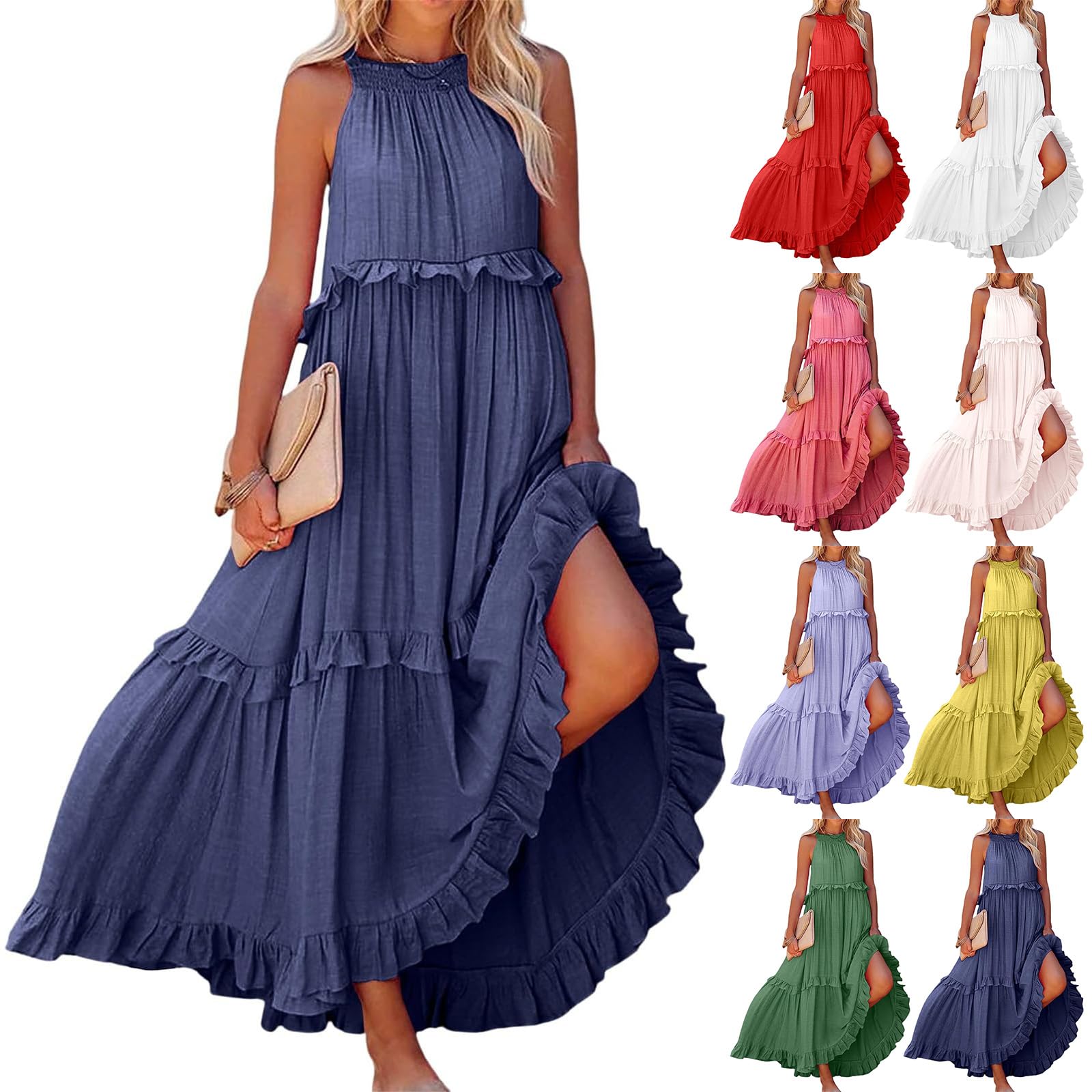 Women's Halter Neck Smocked Tiered Maxi Dress - Flowy Swing Summer Cocktail & Wedding Guest Dress with Pockets | Beach Party, Garden Wedding, Formal Occasions