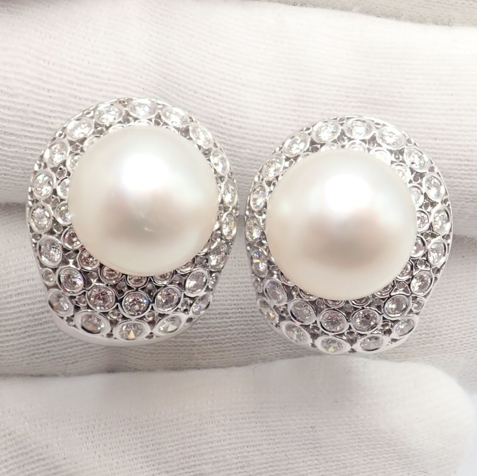 Vintage 18K White Gold Diamond & 13mm Pearl Earrings for Women - Elegant Pearl Jewelry for Weddings, Parties & Special Occasions