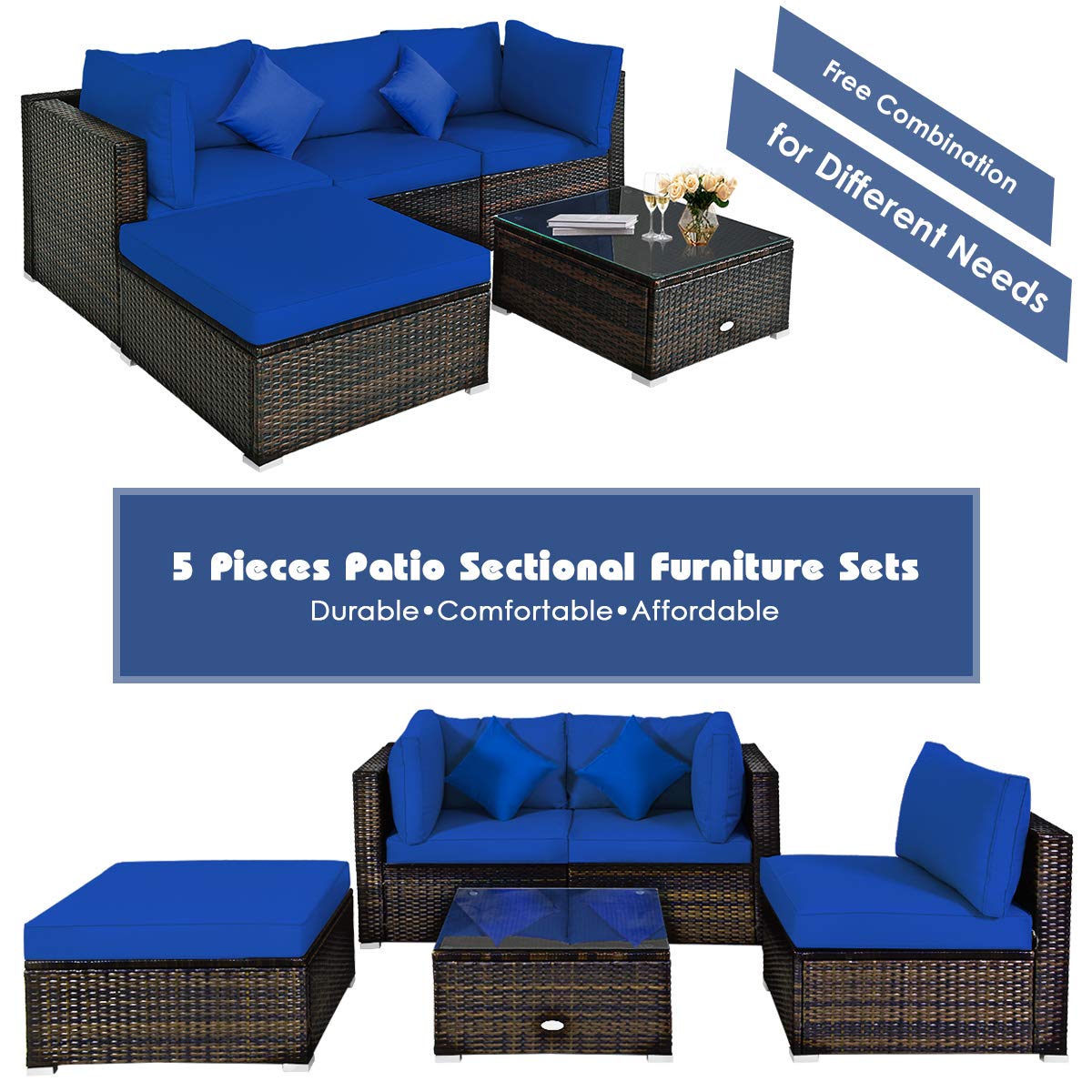 HAPPYGRILL 5-Piece Outdoor Patio Conversation Set - Rattan Wicker Sectional Sofa with Ottoman, Coffee Table, Cushions & Pillows - Perfect for Garden, Lawn, Balcony, Backyard & Poolside Relaxation
