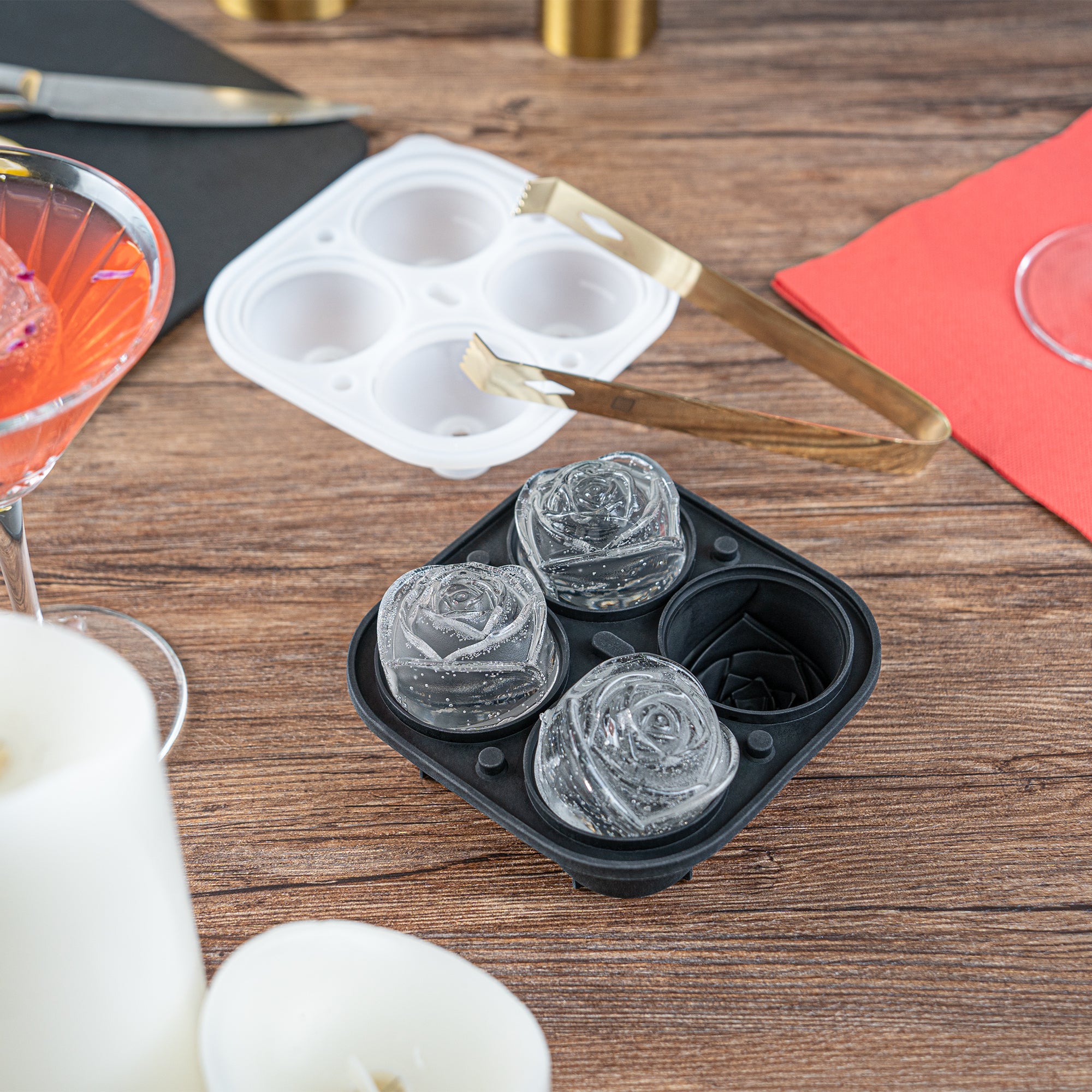 Premium Black Silicone Ice Cube Tray - 2 Rose & 4 Compartment Molds (1 Count) for Cocktails, Whiskey & Elegant Drink Presentation