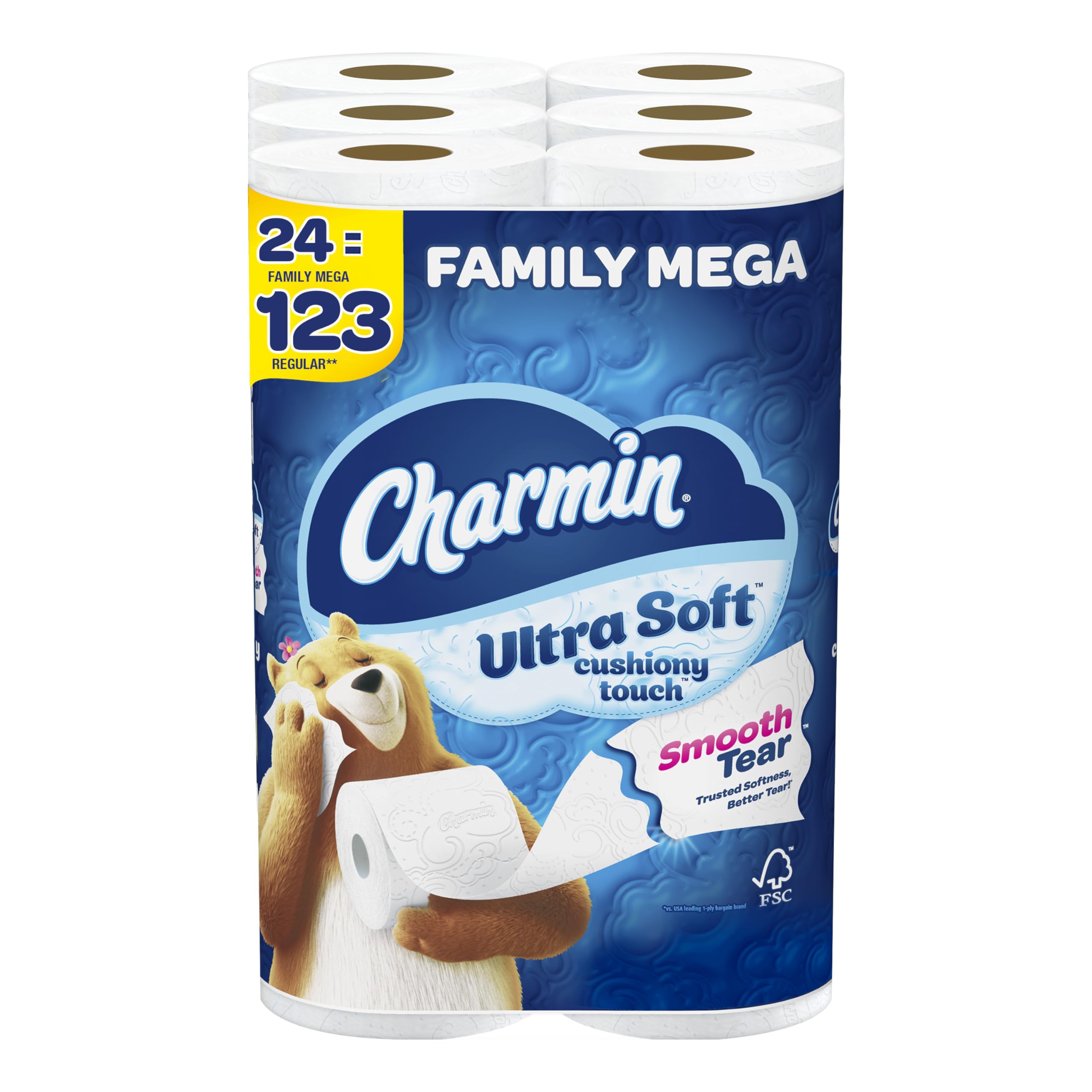 Charmin Ultra Soft Cushiony Touch Toilet Paper - 24 Family Mega Rolls (Equivalent to 123 Regular Rolls) | Gentle & Strong Bathroom Tissue for Home & Office Use