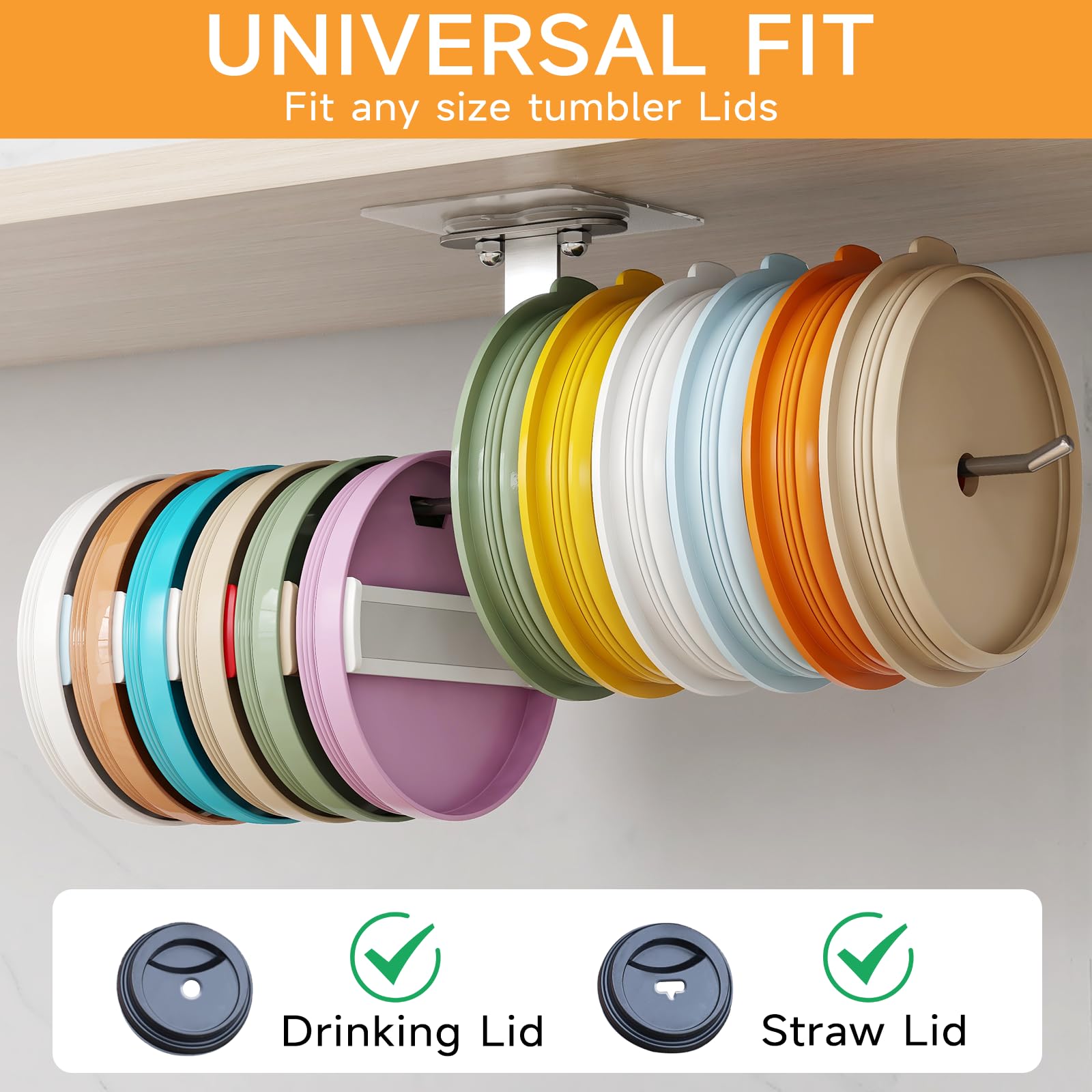 Stainless Steel Tumbler Lid Organizer - Self-Adhesive Under Cabinet Storage Hook Holds 10+ Cup Lids | Perfect for Kitchen Organization & Coffee Bar Accessories