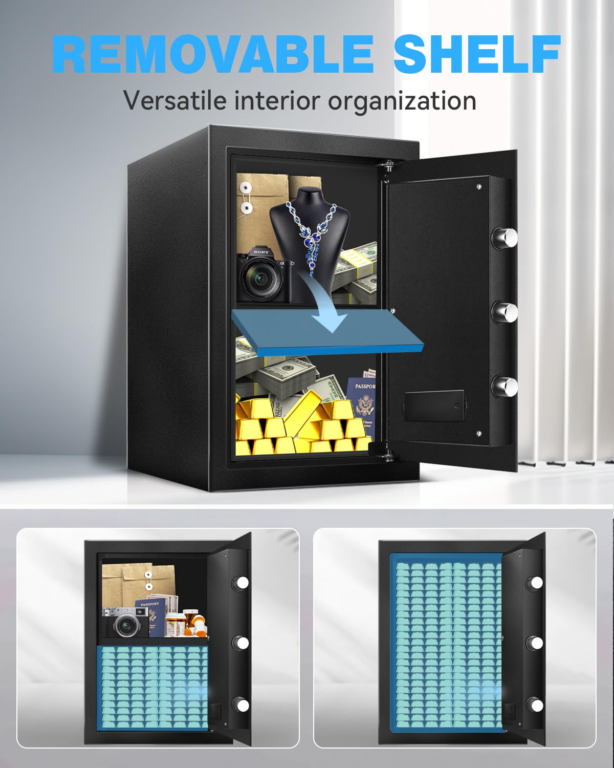 2.5 Cu Ft Fireproof Home Safe Box - Digital Security Safe with Adjustable Shelves, Smart Alarm System, Silent Keypad & Motion Sensor Lights - Ideal for Home, Office, Dormitory & Hotel Use - Protect Jewelry, Documents & Valuables