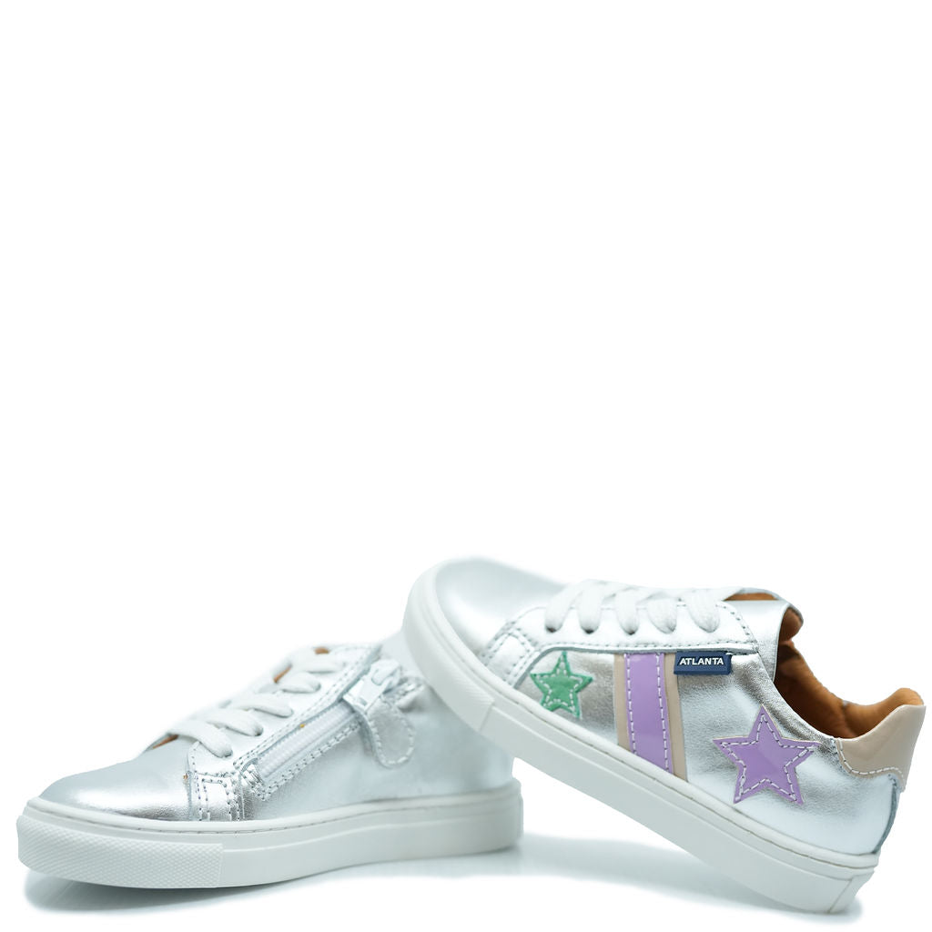 Atlanta Silver Metallic Star Lace-Up Sneakers - Fashionable Moccasin Style Shoes for Women | Perfect for Casual Wear, Street Style & Everyday Comfort