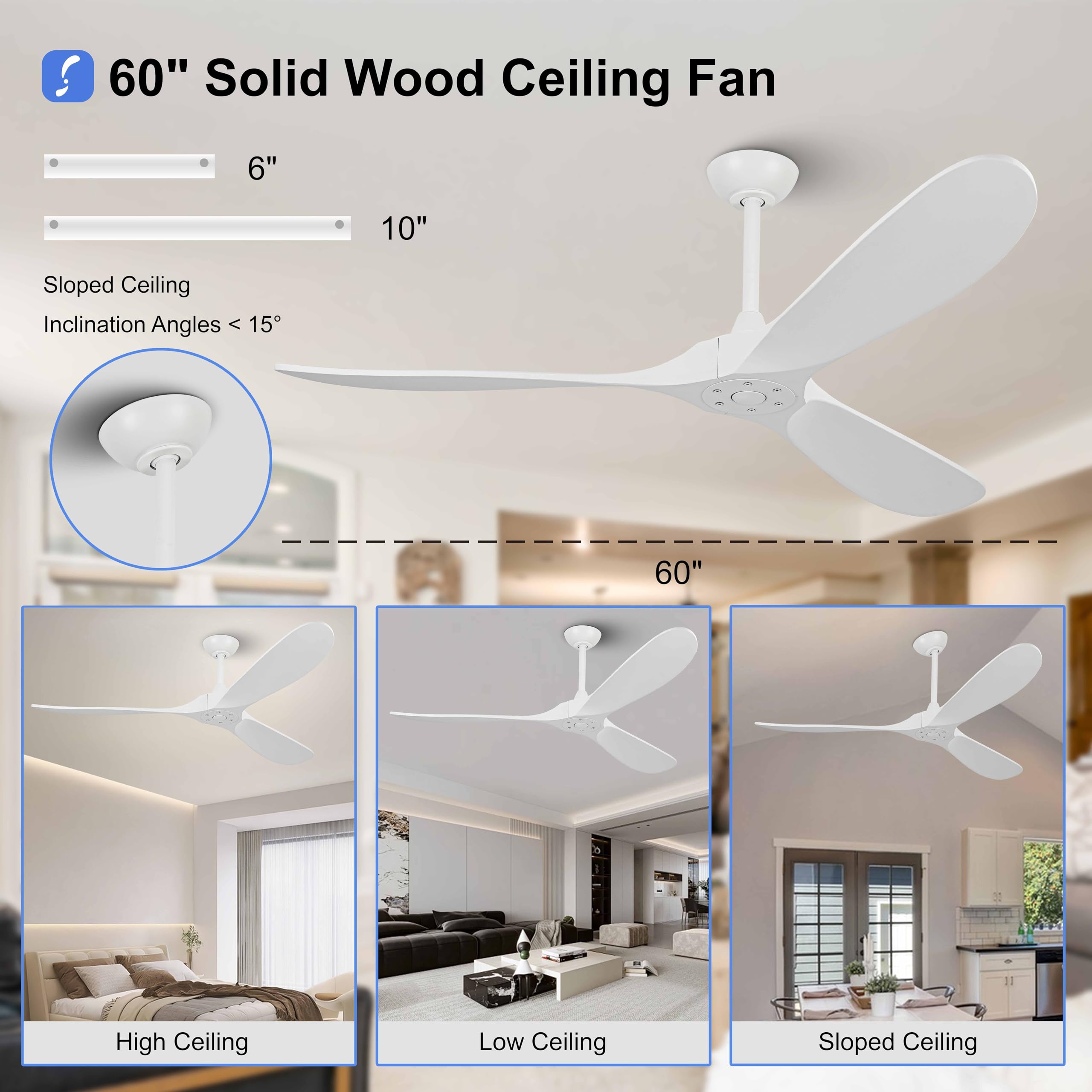 60 Inch Modern Ceiling Fan with 3 Wood Blades - Noiseless Reversible DC Motor & Remote Control - Large Indoor/Outdoor Ceiling Fan without Light - Perfect for Bedroom, Living Room, Patio & Farmhouse - White