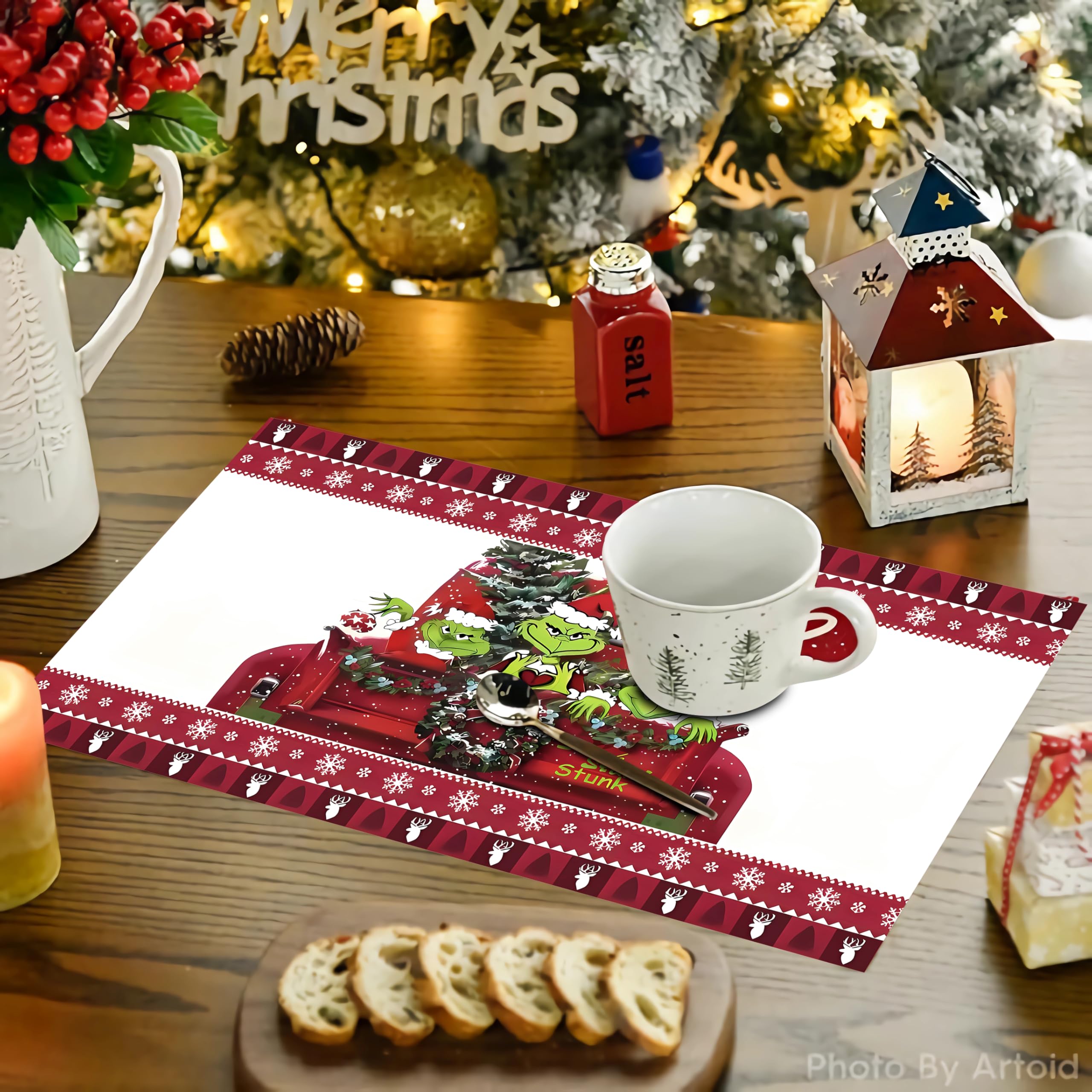 Christmas Table Runner and 4-Piece Placemats Set - 13x72 Inch Believe Themed Holiday Decor with 12x18 Inch Green Elf Placemats - Perfect for Festive Dining Table, Kitchen Decorations, Holiday Parties & Christmas Home Decor (Green)