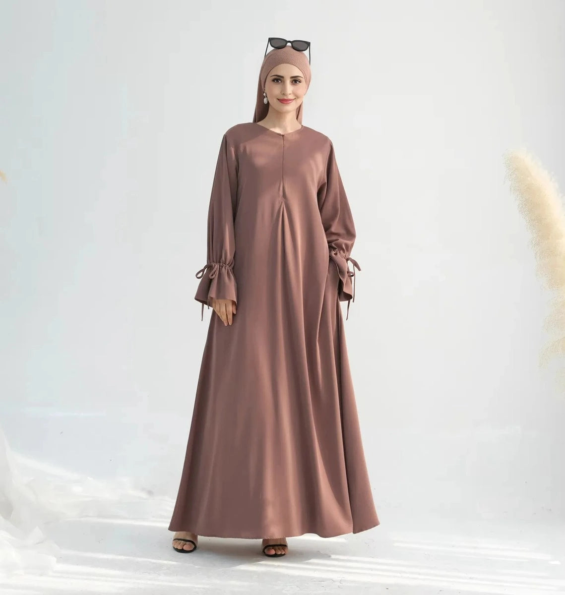 Elegant Nida Cuffed Sleeve Abaya Dress #25938 - Modest Islamic Prayer Dress for Women, Perfect for Mosque, Eid & Special Occasions
