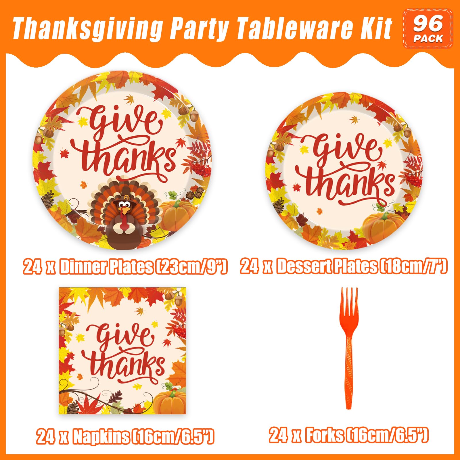 96 Pcs Fall Thanksgiving Party Supplies Set - Disposable Dinner Plates, Napkins with Pumpkin & Turkey Design - Perfect for Autumn Harvest, Thanksgiving Dinner, and Holiday Gatherings - Serves 24 Guests