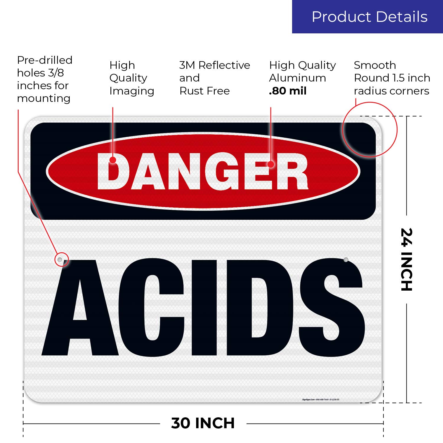 Danger Acids Sign - OSHA Compliant 24x30 Inches, 3M EGP Reflective .080 Aluminum Safety Sign, Fade Resistant for Indoor & Outdoor Use - Made in USA | Perfect for Chemical Storage Areas, Laboratories & Industrial Workplaces