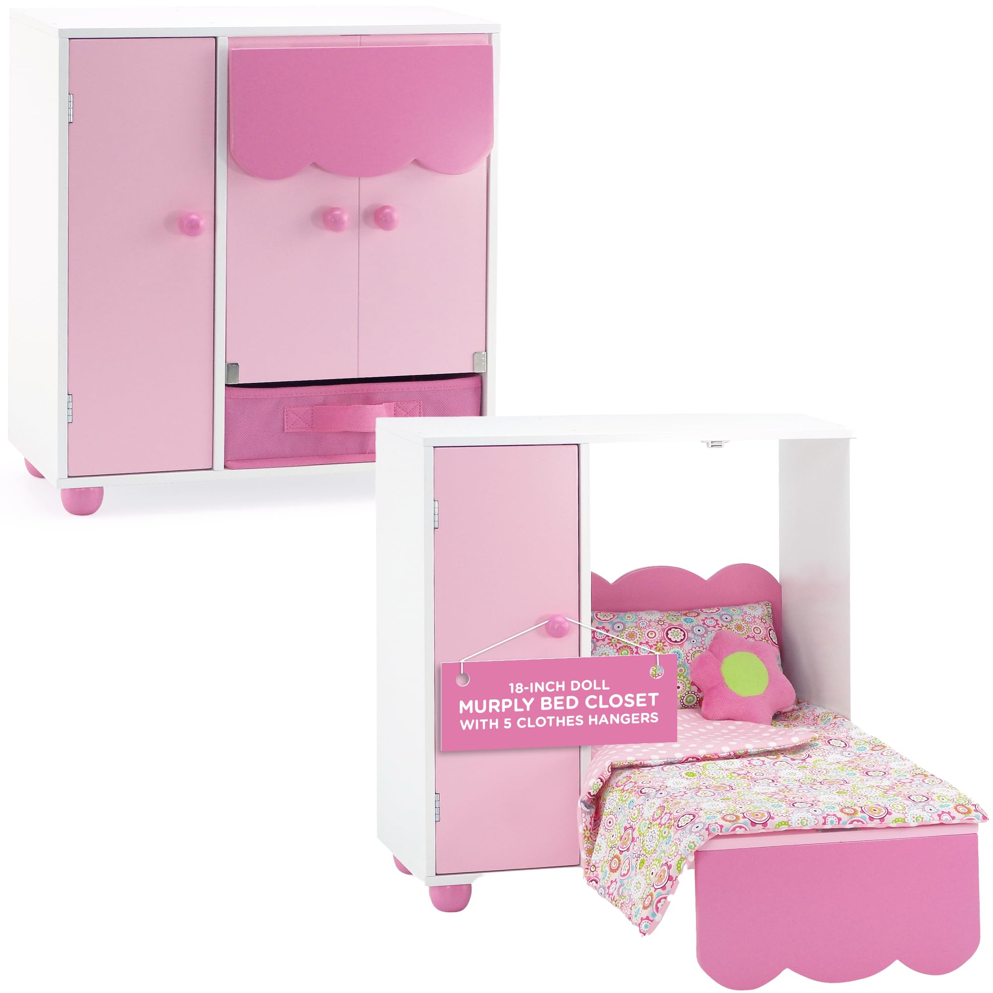 Emily Rose 18 Inch Doll Murphy Bed Furniture Closet Set - Space Saving Kids Storage with 5 Hangers & Clothes Accessories Bin | Mom's Choice Award Winner | Perfect for Doll Play, Bedroom Organization & Pretend Play Scenarios