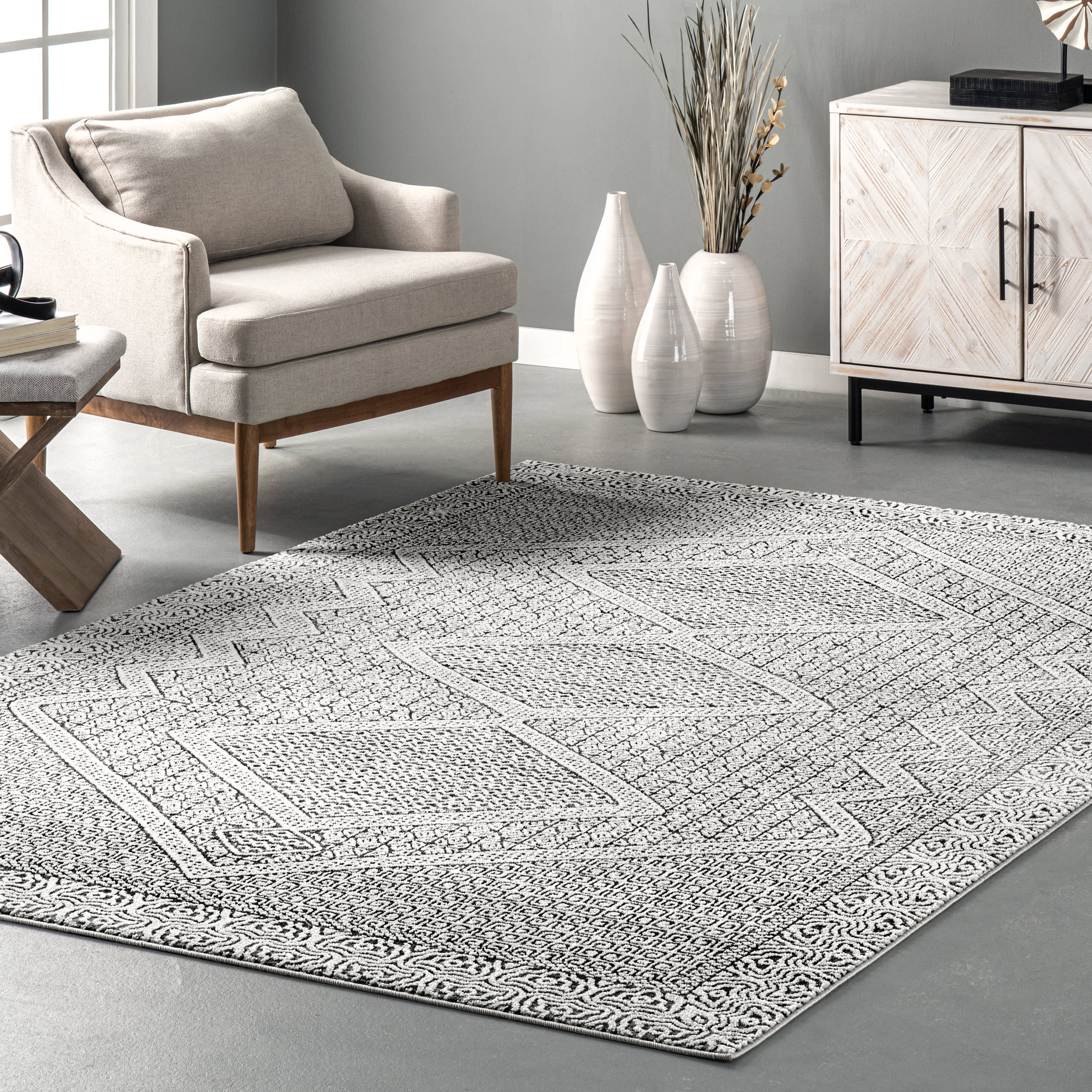 Diamond Mosaic Area Rug - Soft Plush Grey Carpet for Living Room, Bedroom & Nursery | Non-Slip Backing & Easy to Clean