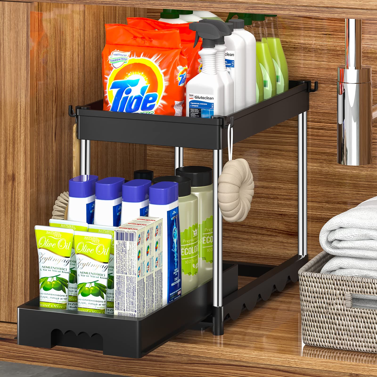 COORACK 2-Tier Sliding Cabinet Organizer with Hooks - Under Sink Storage Basket for Kitchen & Bathroom - Space-Saving Drawer Shelf for Pots, Pans & Cleaning Supplies (Black) - Perfect for Small Spaces & Cluttered Cabinets