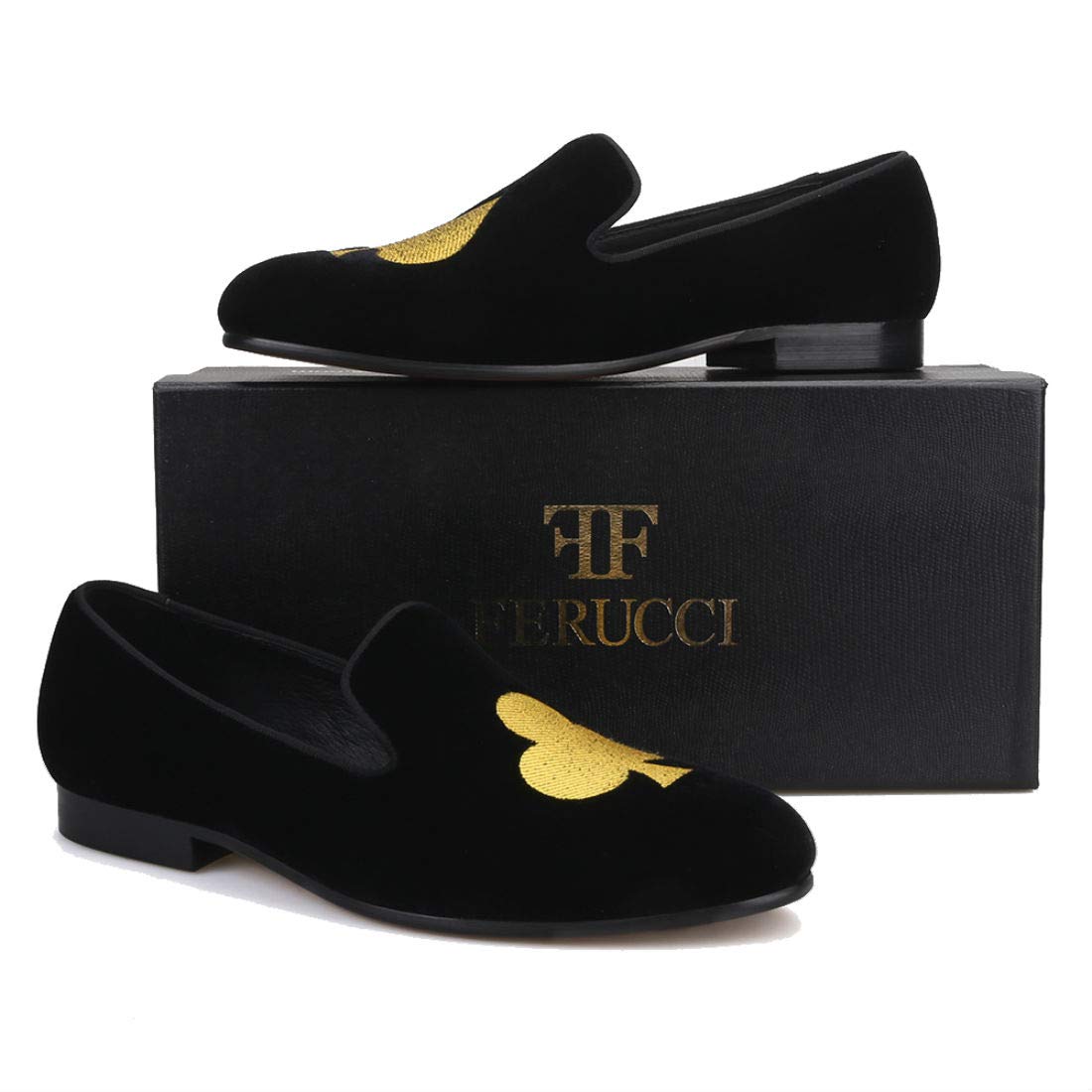 FERUCCI Men's Black Velvet Loafers with Gold Embroidered Spade & Club - Comfortable House Slippers for Indoor/Outdoor Wear, Perfect Gift for Dad & Husband