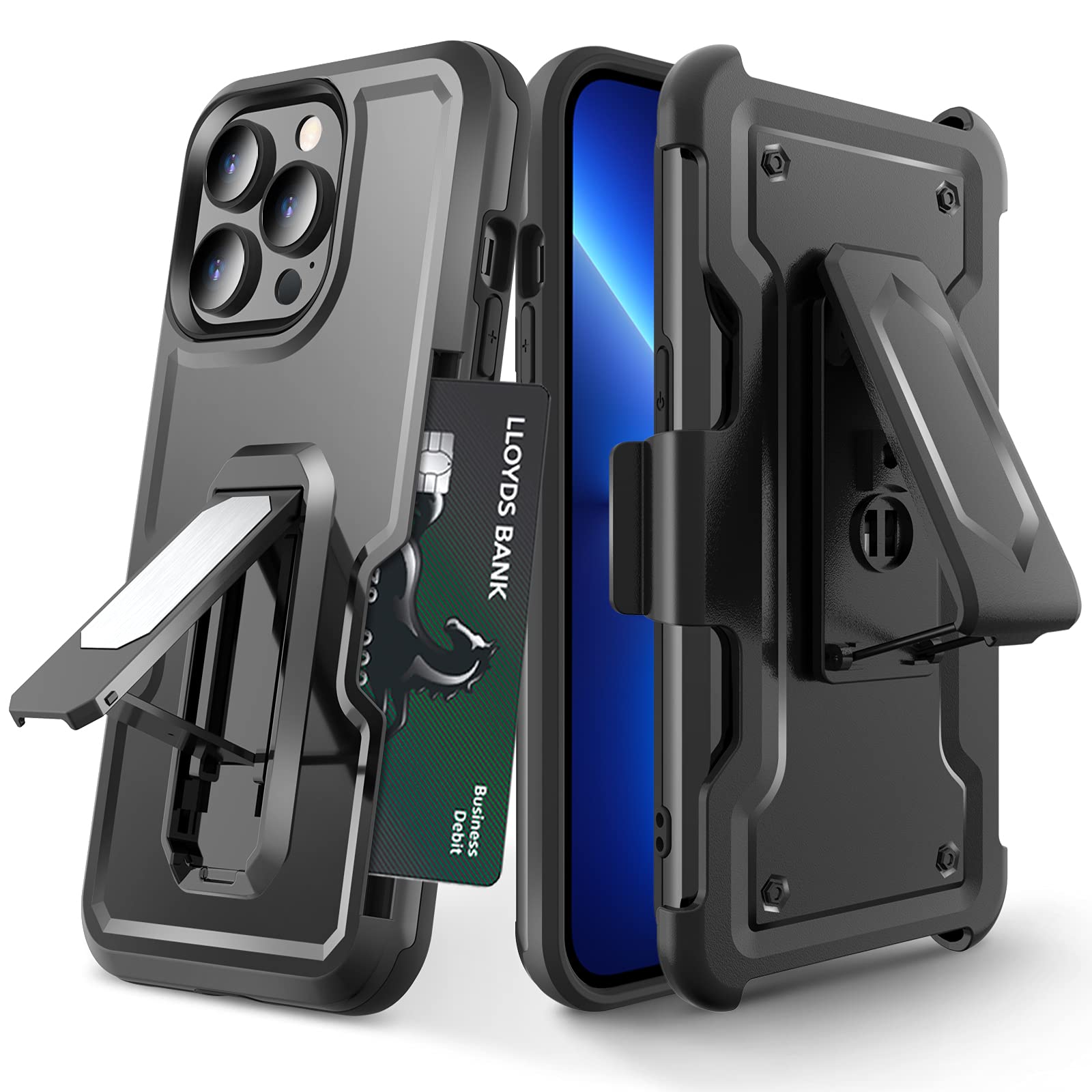 Premium iPhone 13 Pro Case with Card Holder, Kickstand & Belt Clip - Slim Protective Phone Cover for iPhone 13 Pro (6.1