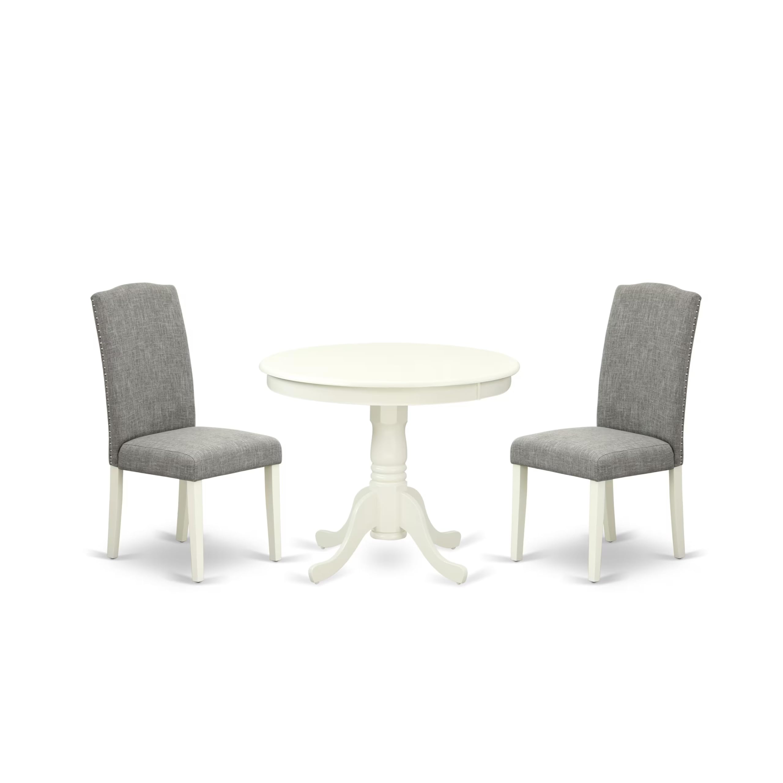 East West Furniture 3-Piece Kitchen Table Set - 36x36 Inch Round Dining Table with Pedestal Base & 2 Dark Shitake Fabric Parson Chairs, Linen White - Perfect for Small Spaces, Breakfast Nooks & Cozy Dining Areas