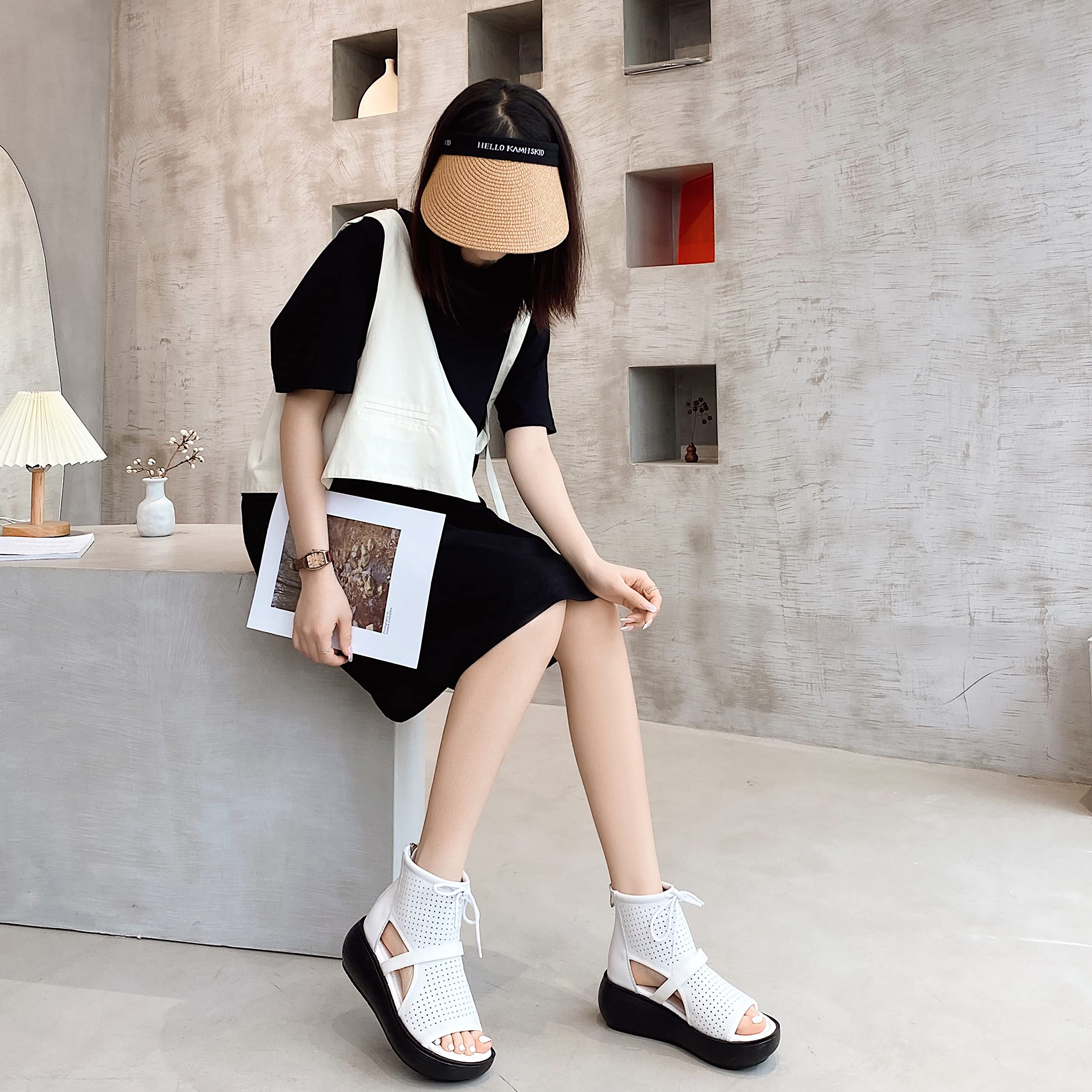 Women's High Top Leather Boot Sandals with Open Toe Cutout Design - Stylish Summer Ankle Boots for Walking, Travel & Casual Outfits