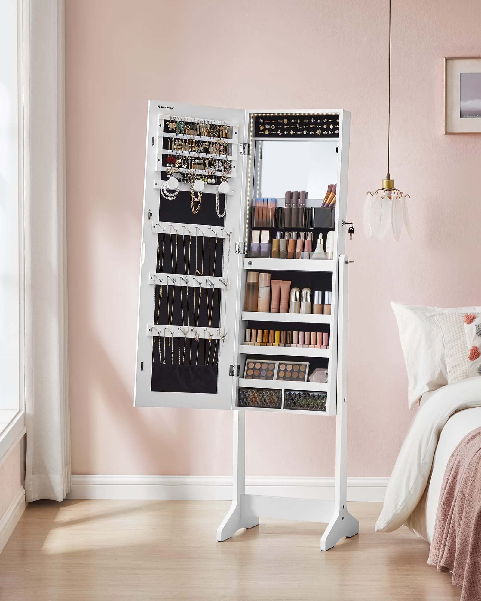 SONGMICS Full-Length LED Jewelry Cabinet with Mirror - White Standing Armoire Organizer with 2 Drawers & Lock, Frameless Design for Bedroom & Closet Storage | Perfect for Jewelry Display, Makeup Vanity & Home Decor