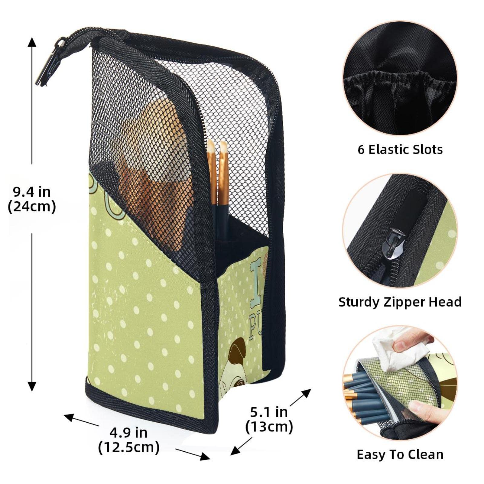 Portable Makeup Brush Organizer Bag with 12 Slots - Cute Pug Dog Pattern Cosmetic Brush Holder Case for Travel & Home Storage