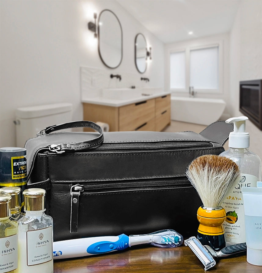Premium Men's Leather Toiletry Bag - Waterproof Travel Cosmetic Organizer (Black) | Perfect for Business Trips, Gym & Weekend Getaways