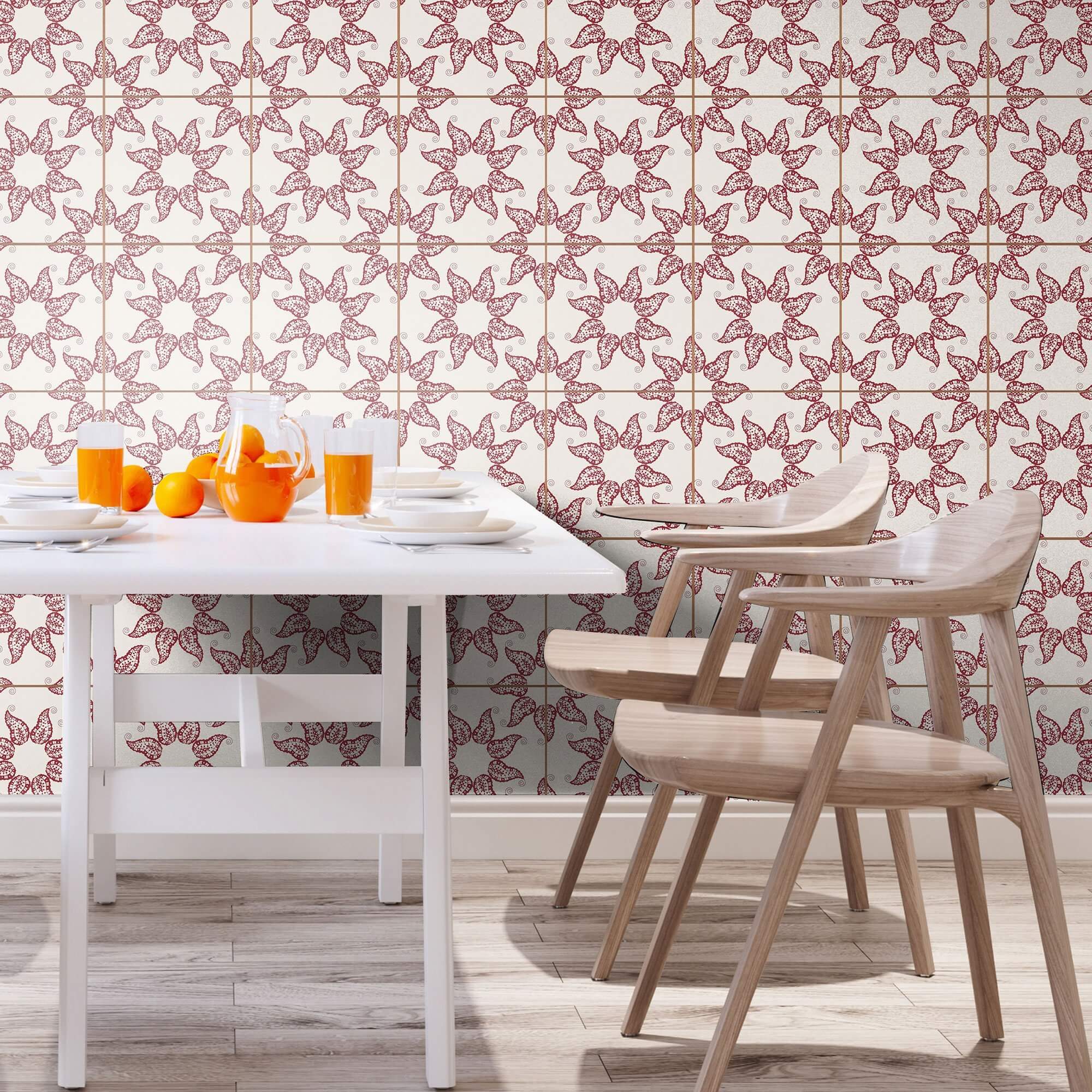 Merlot Bohemian Tile Adhesive Peel and Stick Removable Wallpaper - Self-Adhesive Vinyl Wall Covering for Kitchen Backsplash, Bathroom, and Home Decor